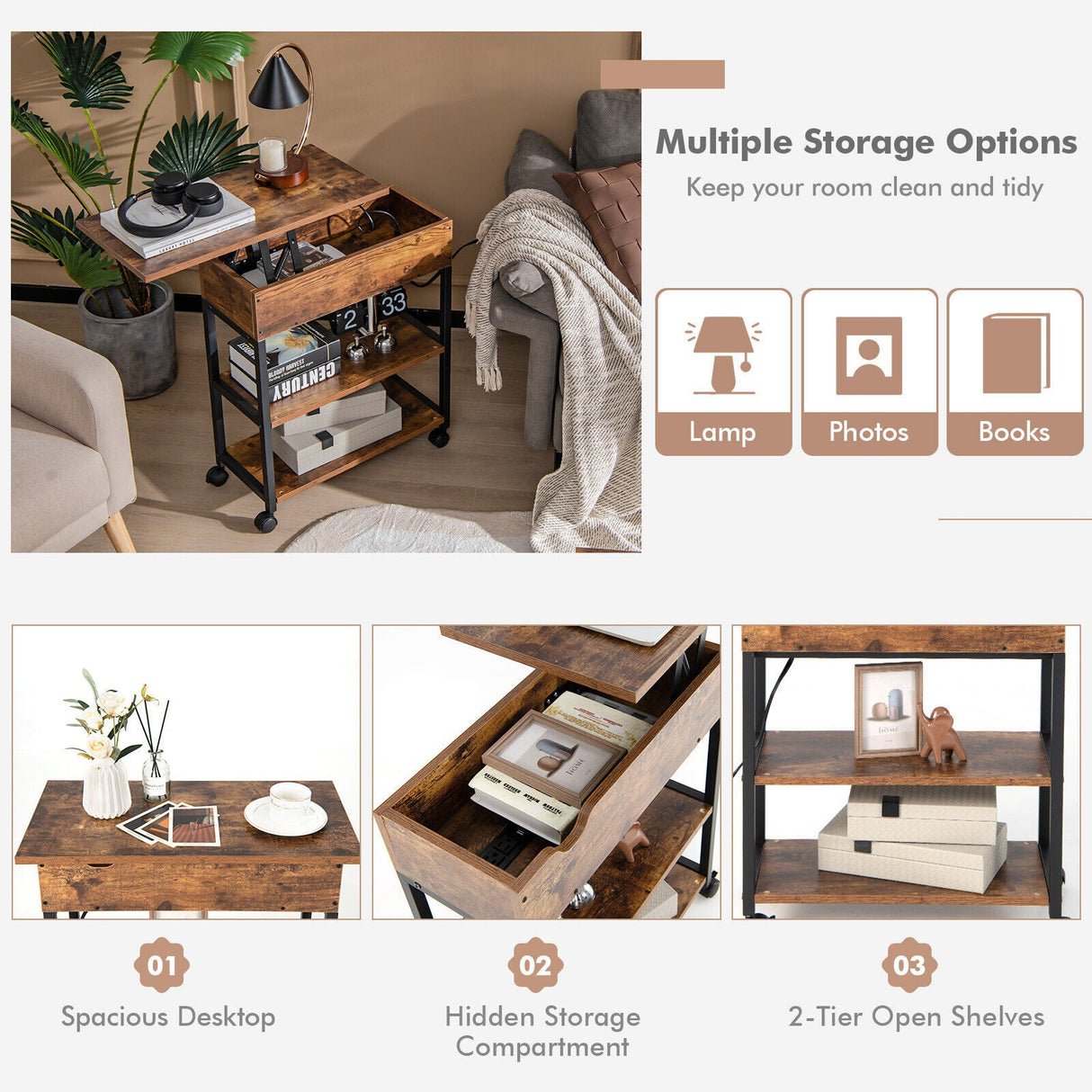 Mesa auxiliar elevable con estación de carga y ruedas universales - Marrón rústico