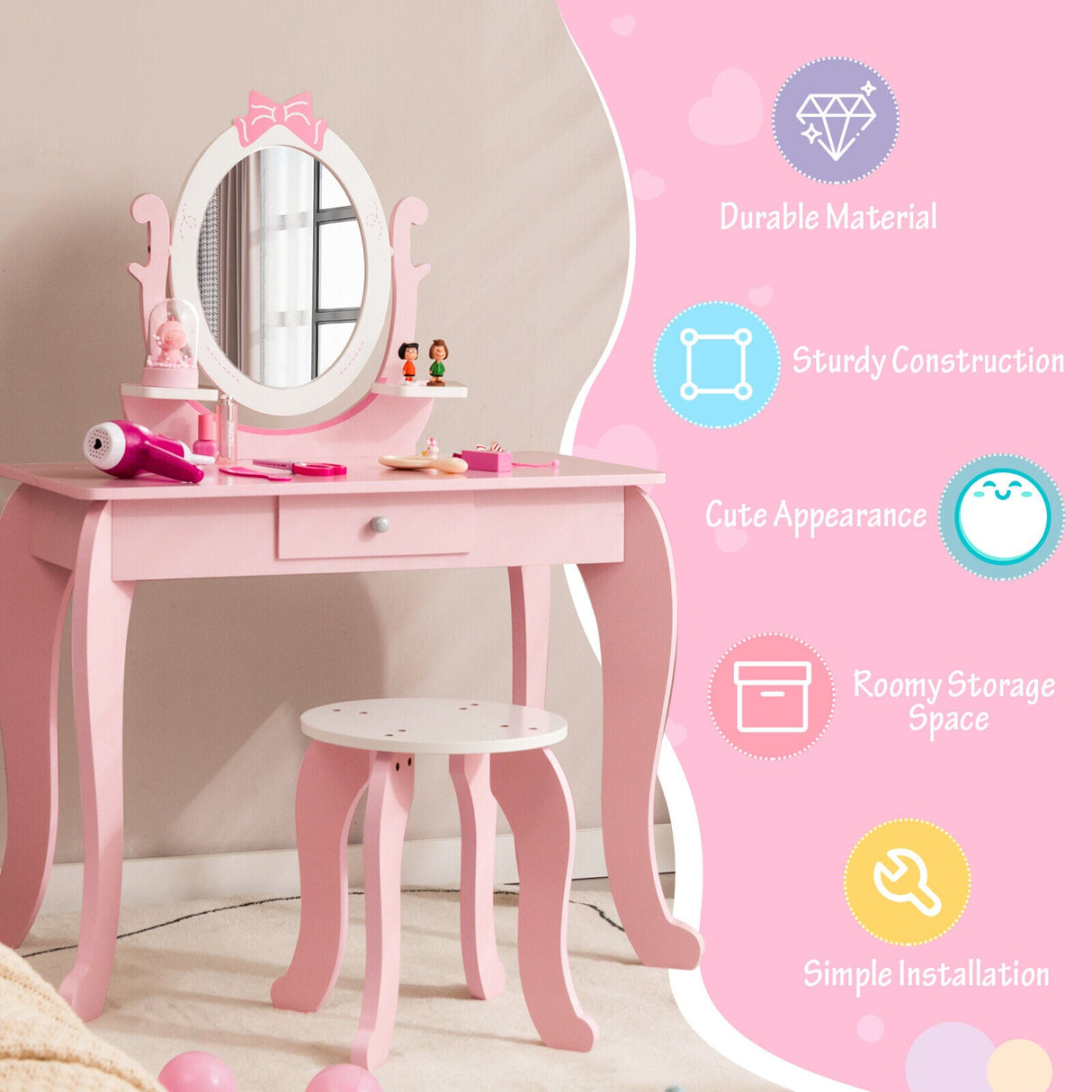 Juego de tocador y taburete para niños con espejo ovalado giratorio - Rosa
