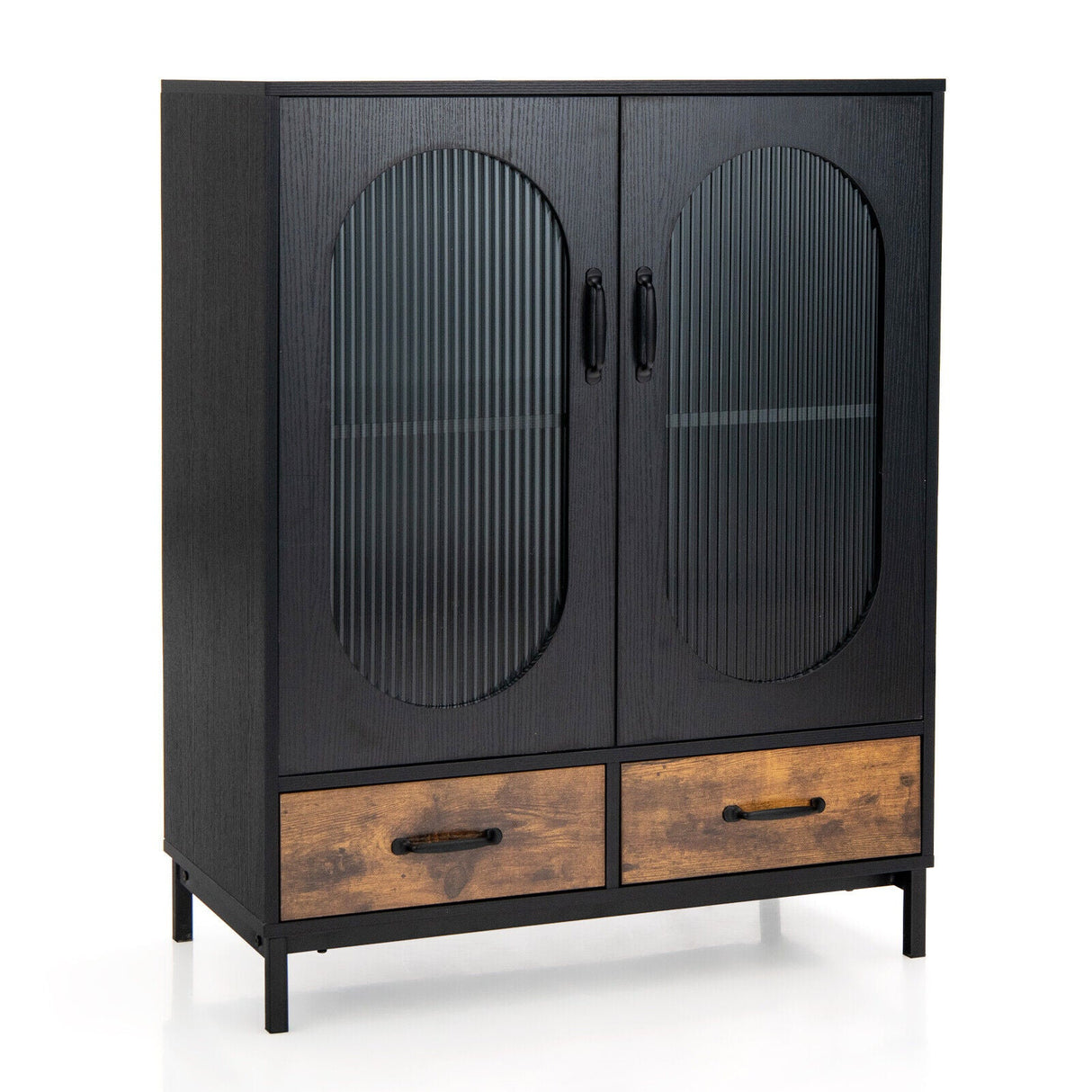 Aparador Industrial de Cocina con Puertas de Vidrio Templado - Negro