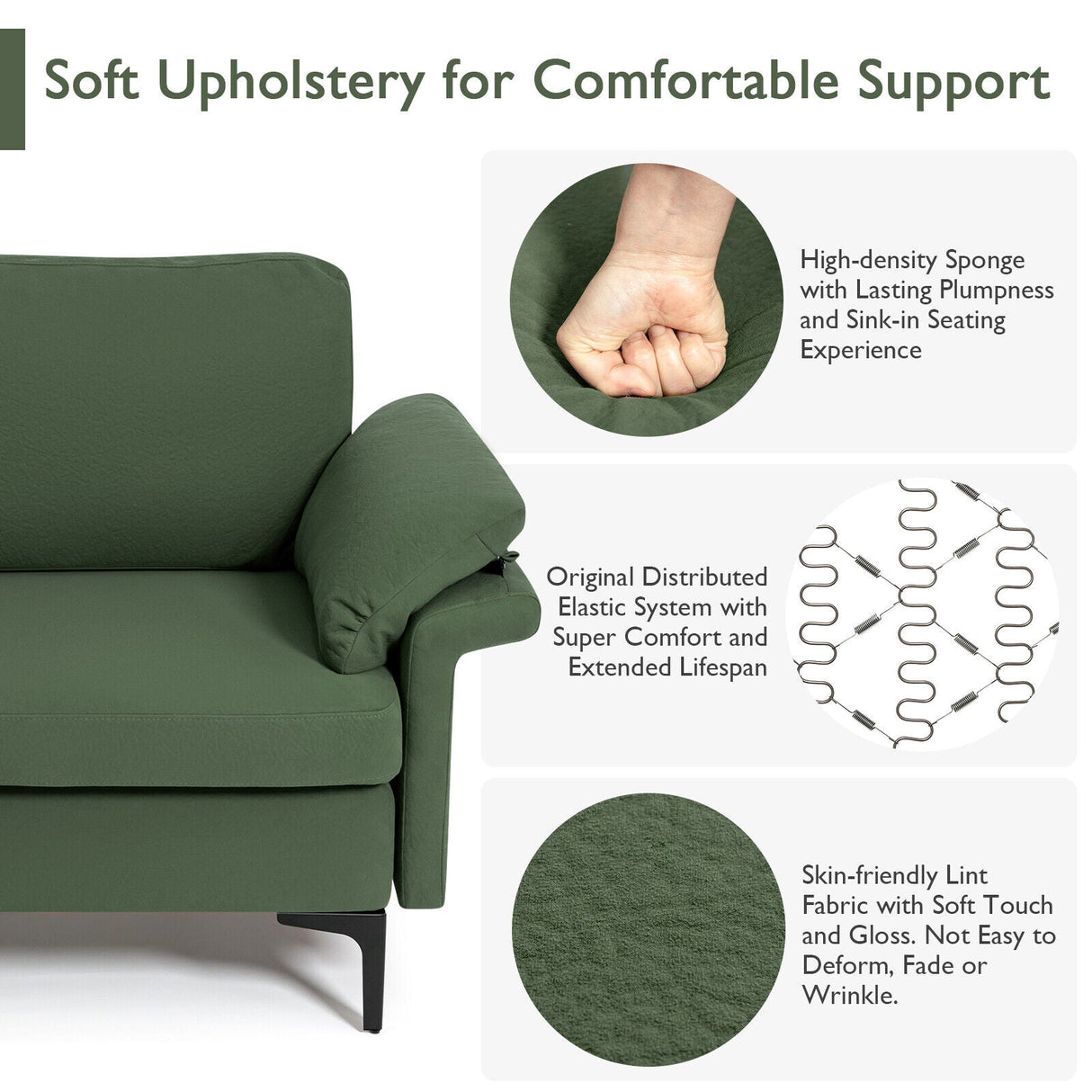 Sillón moderno de tela con muelles distribuidos originales y cojines en los reposabrazos