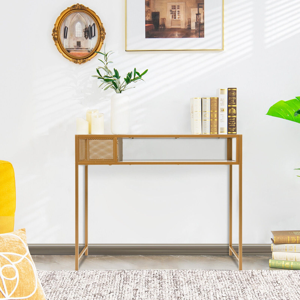 Mesa consola de imitación mármol con cestas de rejilla para recibidor y salón - Blanco