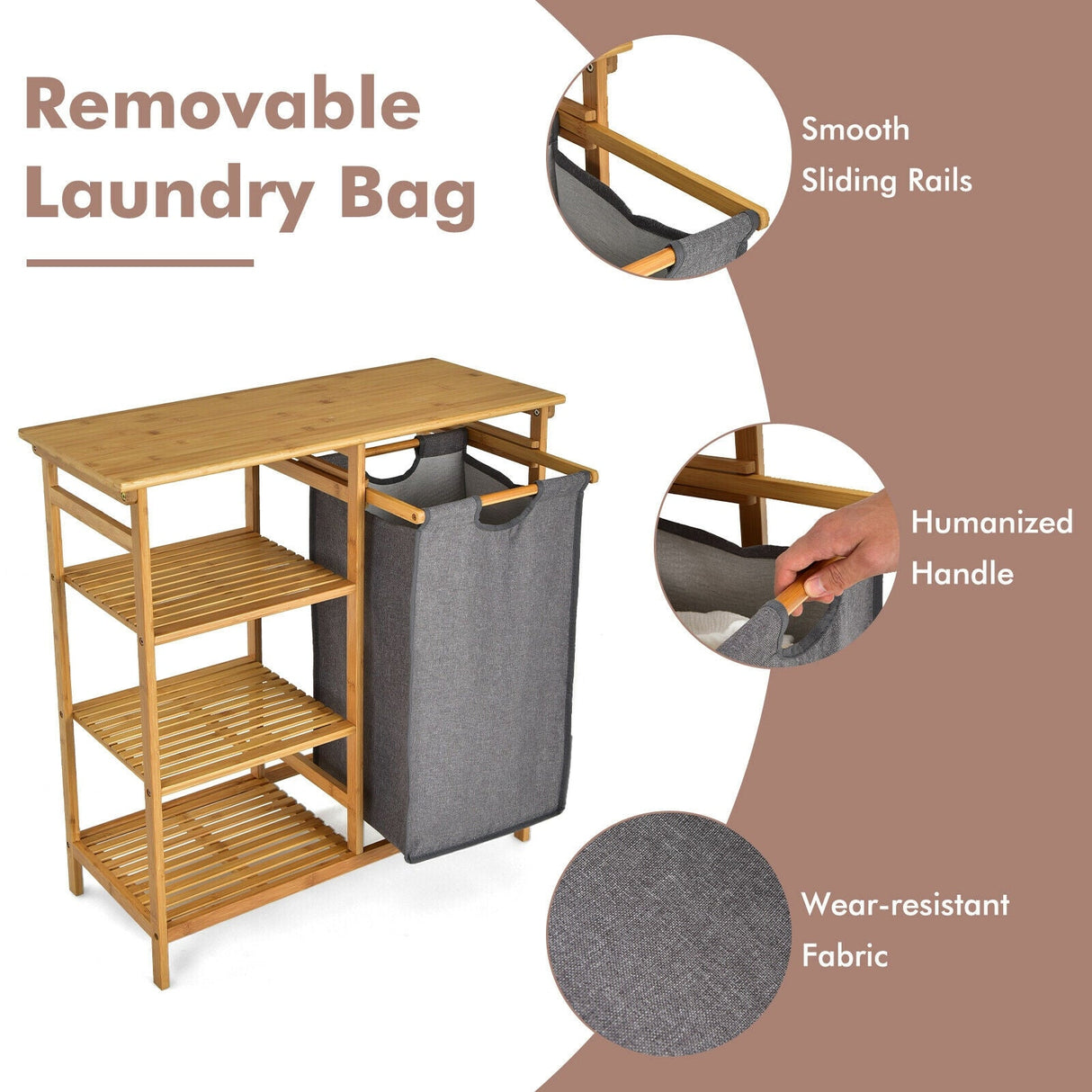 Soporte de bambú para cesto de ropa sucia con bolsa extraíble deslizante y estantes abiertos de 3 niveles