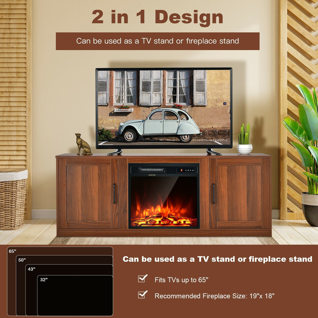 Mueble de TV con puertas corredizas dobles para televisores de hasta 65 pulgadas