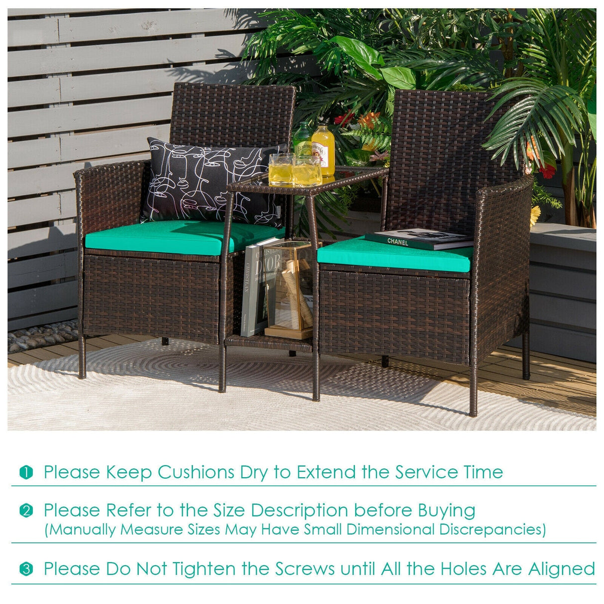 Sofá de mimbre de ratán para patio con cojines, sofá de dos plazas y mesa de vidrio