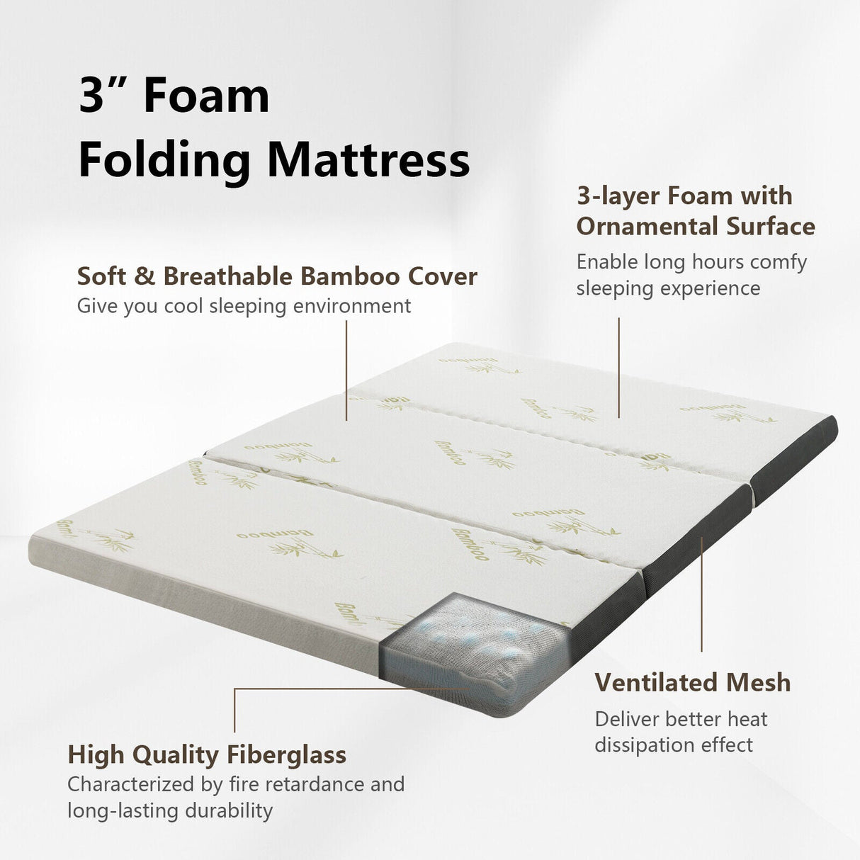 Portable Tri-fold Memory Foam Floor Mattress Topper Portable with Carrying Bag