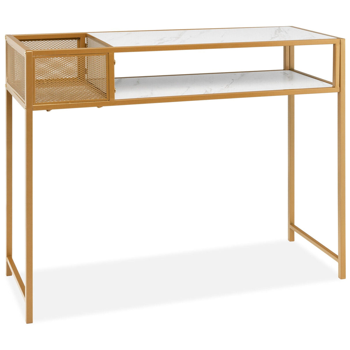 Mesa consola de imitación mármol con cestas de rejilla para recibidor y salón - Blanco