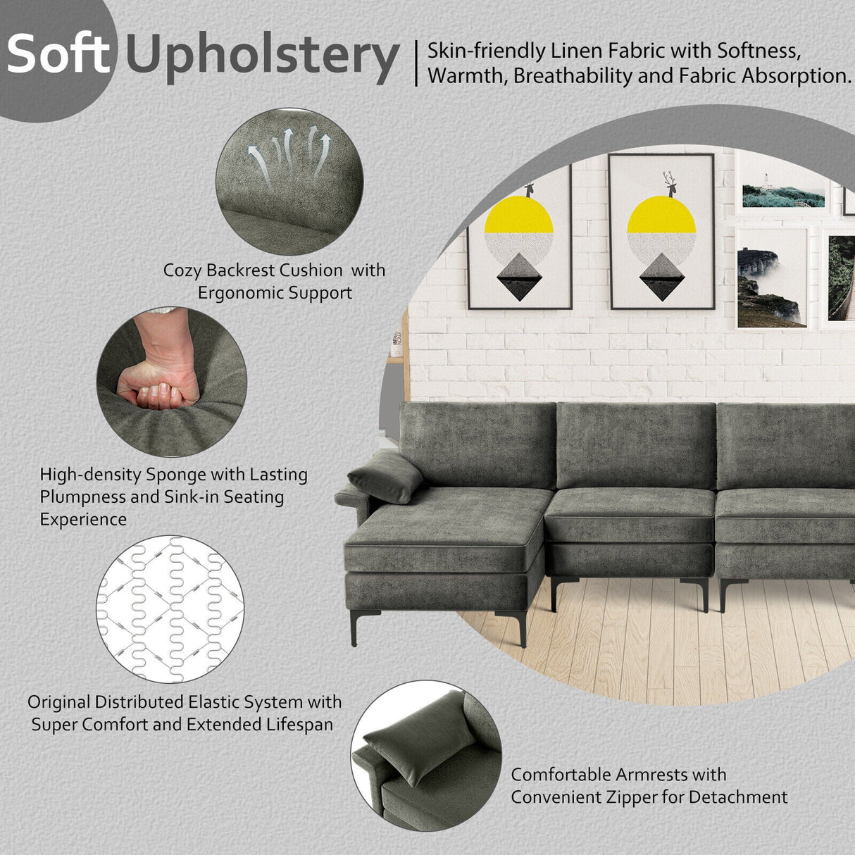 Extra Large L-shaped Sectional Sofa with Reversible Chaise and 2 USB Ports for 4-5 People