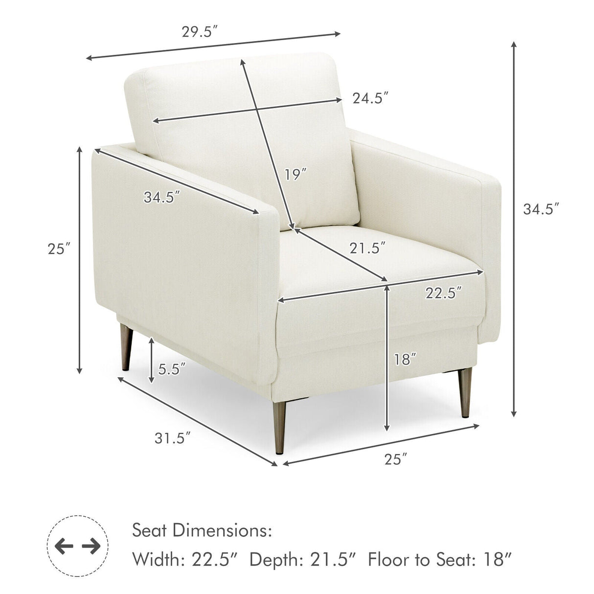 Sillón decorativo moderno tapizado con cojín de respaldo extraíble