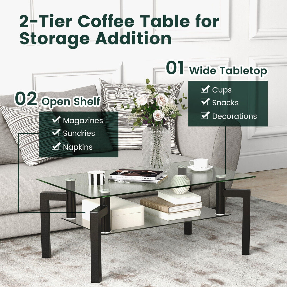 Mesa de centro rectangular de cristal de 2 niveles con patas de tubo de metal - Negro