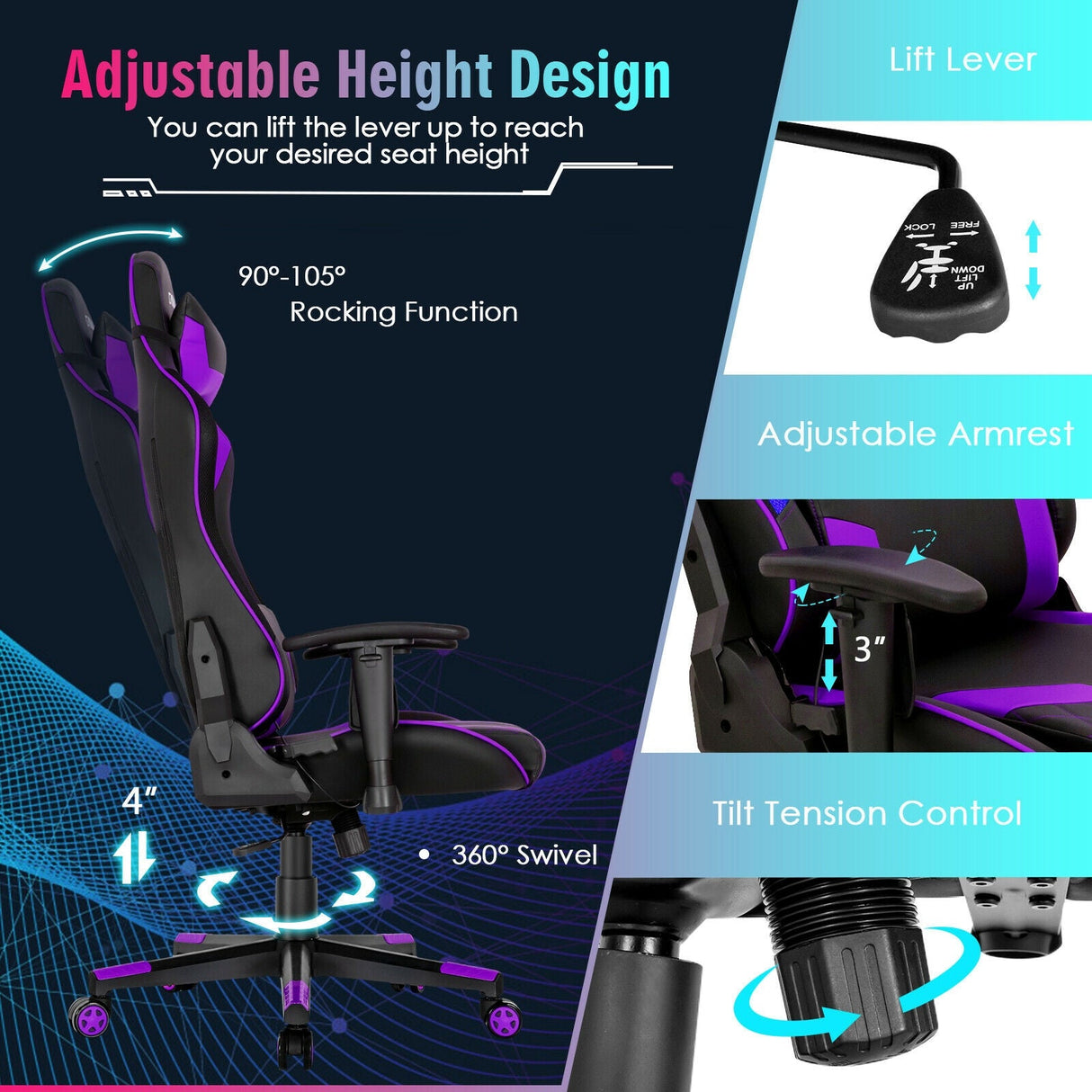 Silla Gamer Ajustable Giratoria para Computadora con Luces LED Dinámicas
