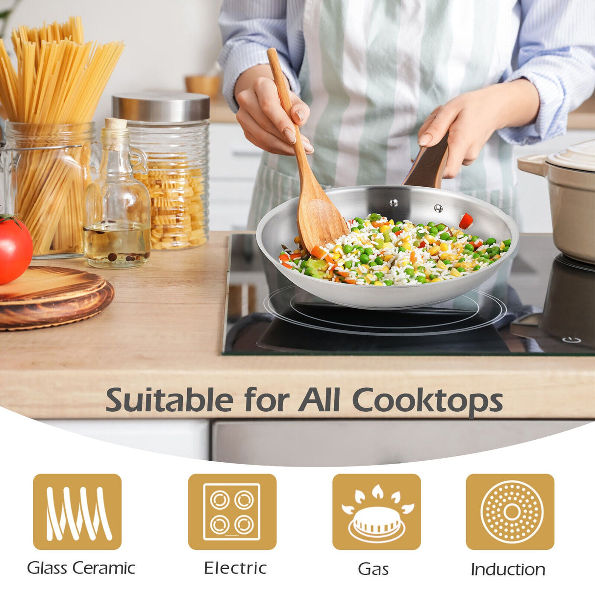 Juego de utensilios de cocina de acero inoxidable de 11 piezas con asas doradas que no se calientan