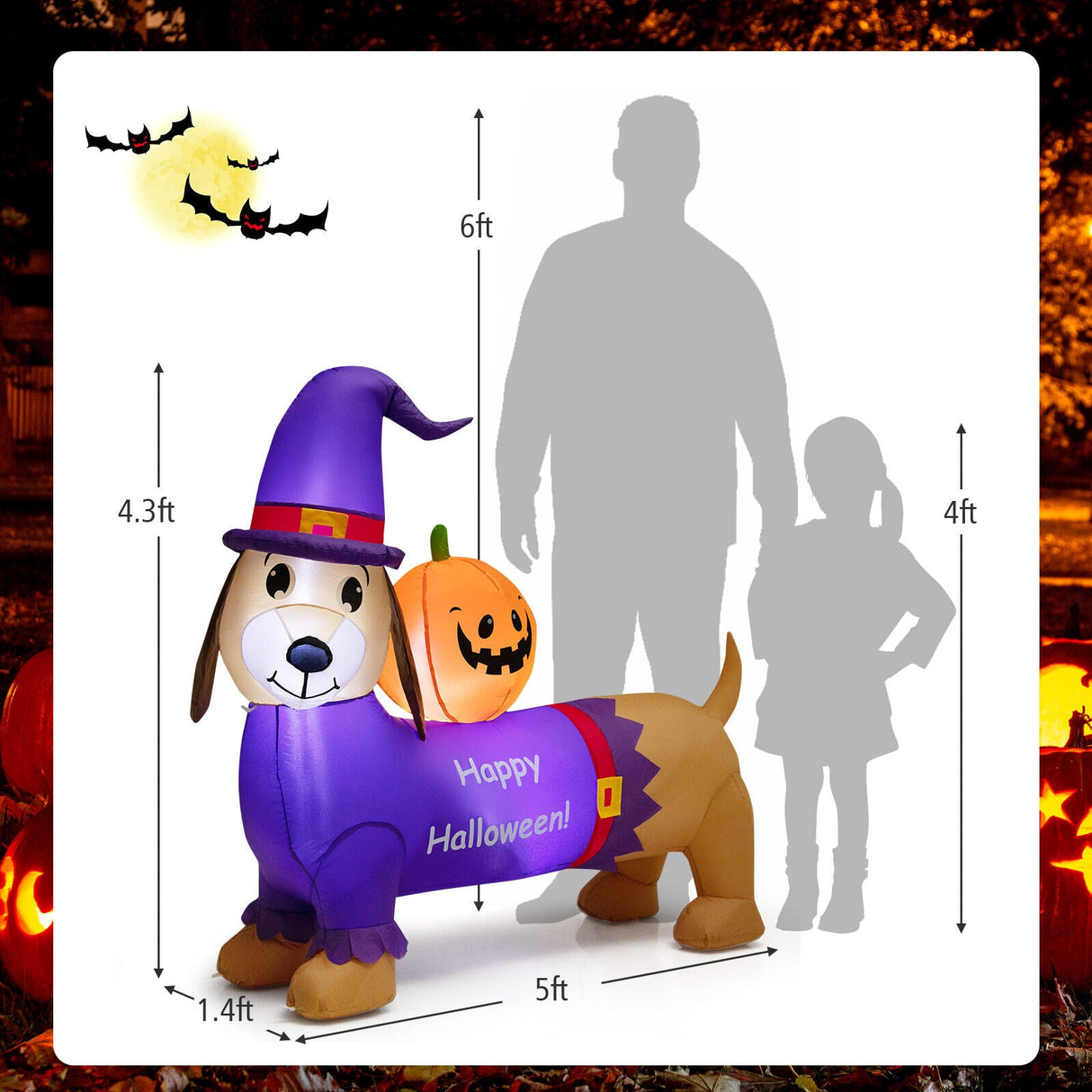 Dachshund inflable de Halloween de 5 pies de largo con calabaza