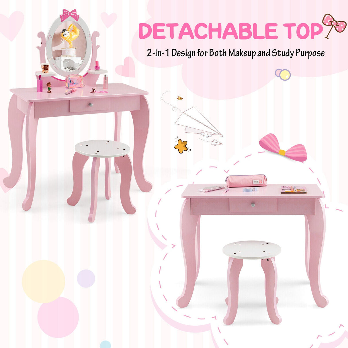 Juego de tocador y taburete para niños con espejo ovalado giratorio - Rosa