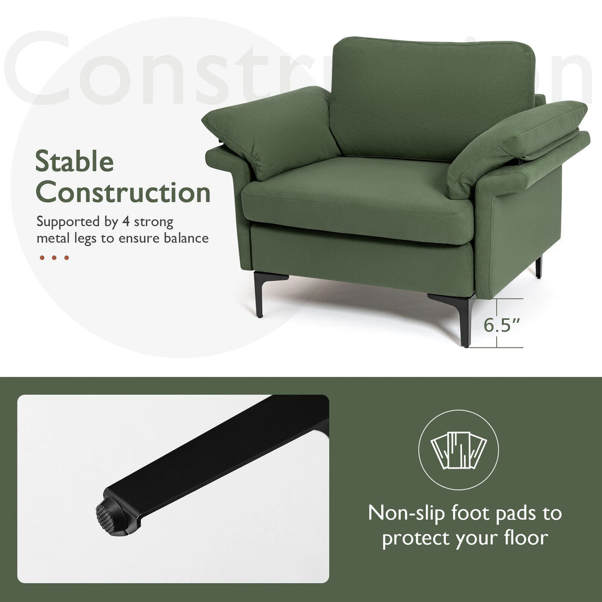 Sillón moderno de tela con muelles distribuidos originales y cojines en los reposabrazos