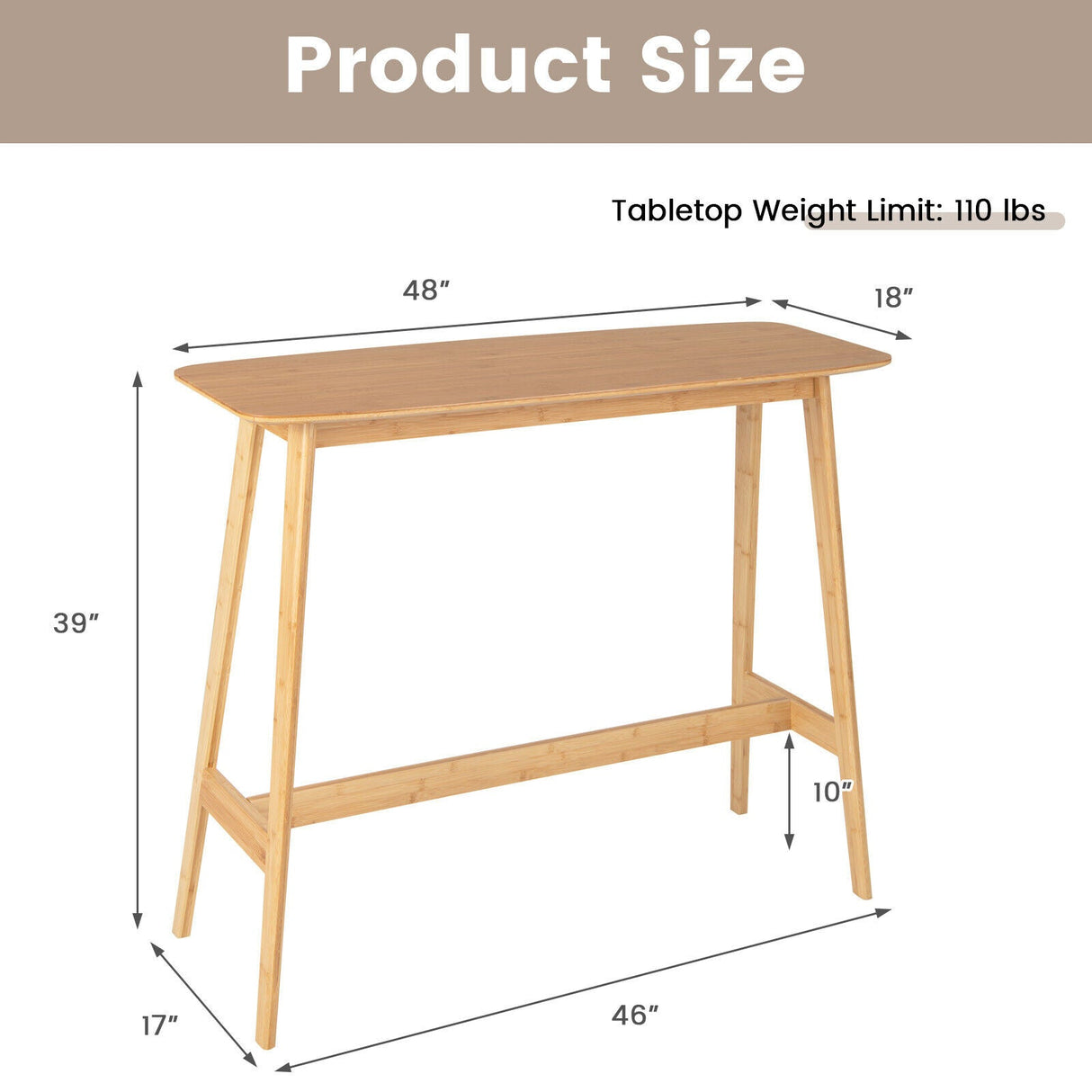 Mesa Alta de Bambú de 48 Pulgadas, Mesa de Consola de Comedor Tipo Bar-Natural