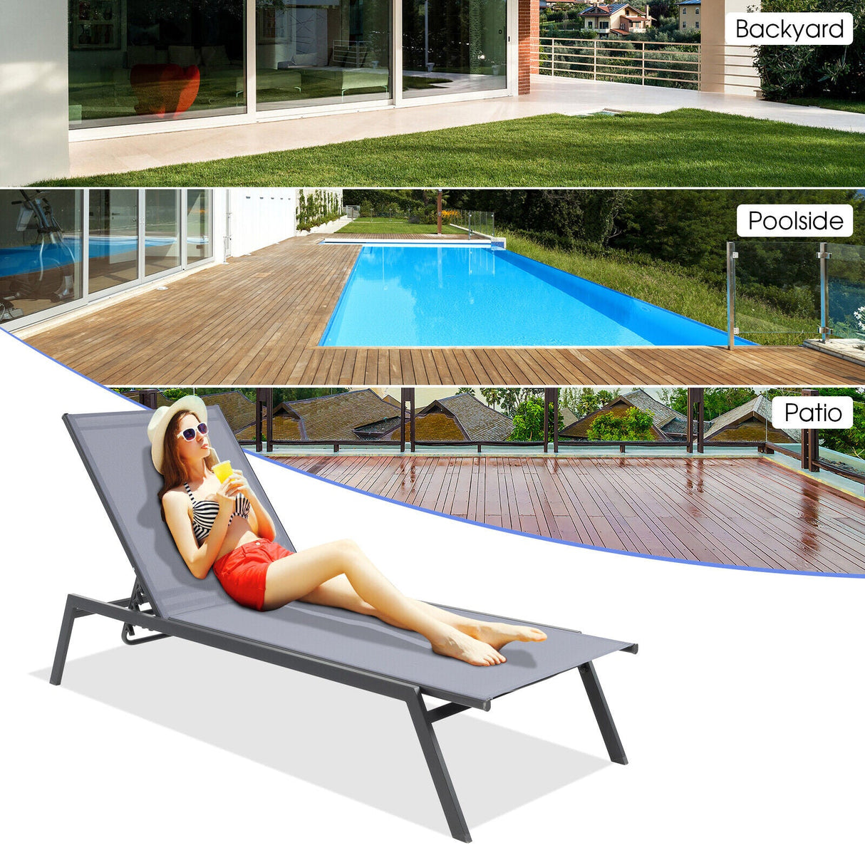 Tumbona reclinable ajustable para exterior con posición horizontal y tela de secado rápido