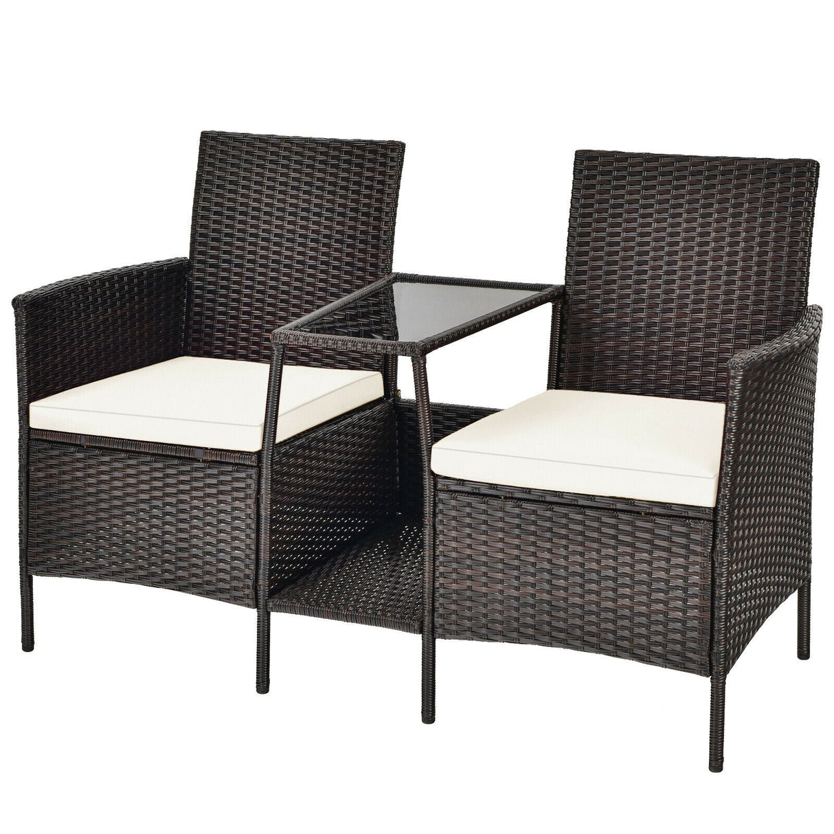 Sofá de mimbre de ratán para patio con cojines, sofá de dos plazas y mesa de vidrio