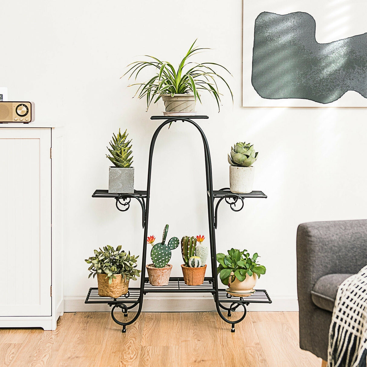 Estante para plantas de 6 niveles con almohadillas ajustables para los pies - Negro
