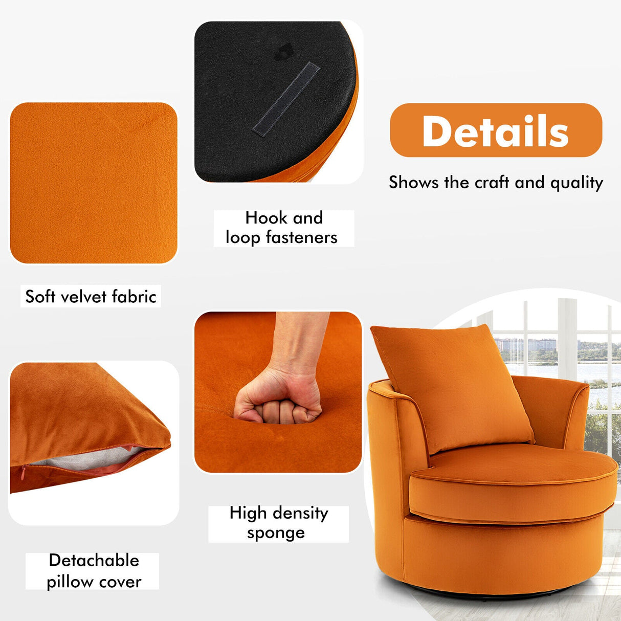 Sillón giratorio moderno 360° sin necesidad de montaje - Naranja