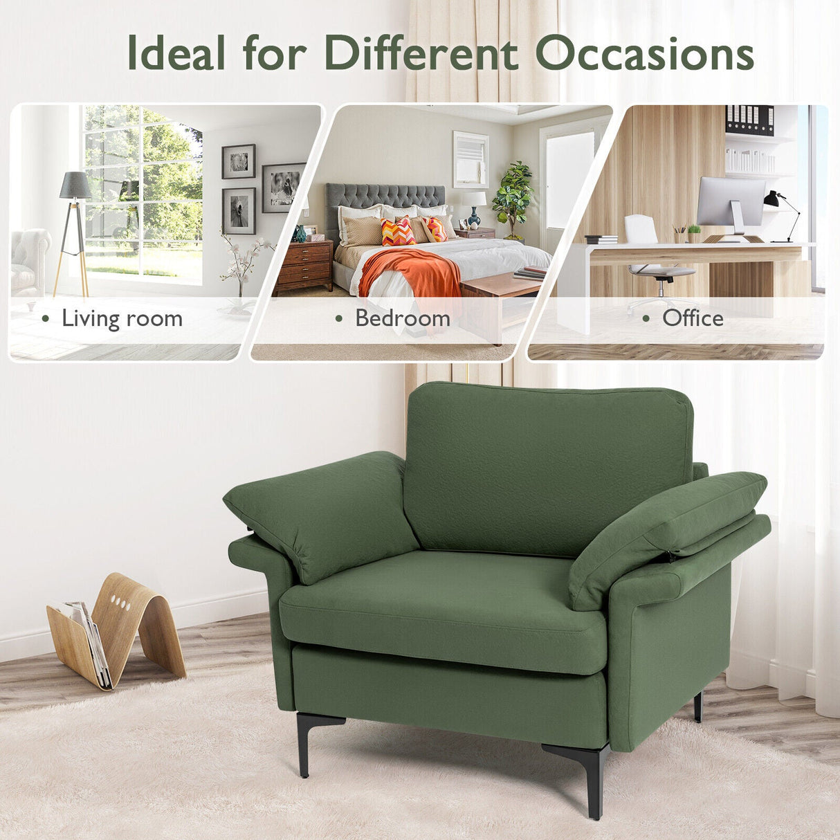 Sillón moderno de tela con muelles distribuidos originales y cojines en los reposabrazos