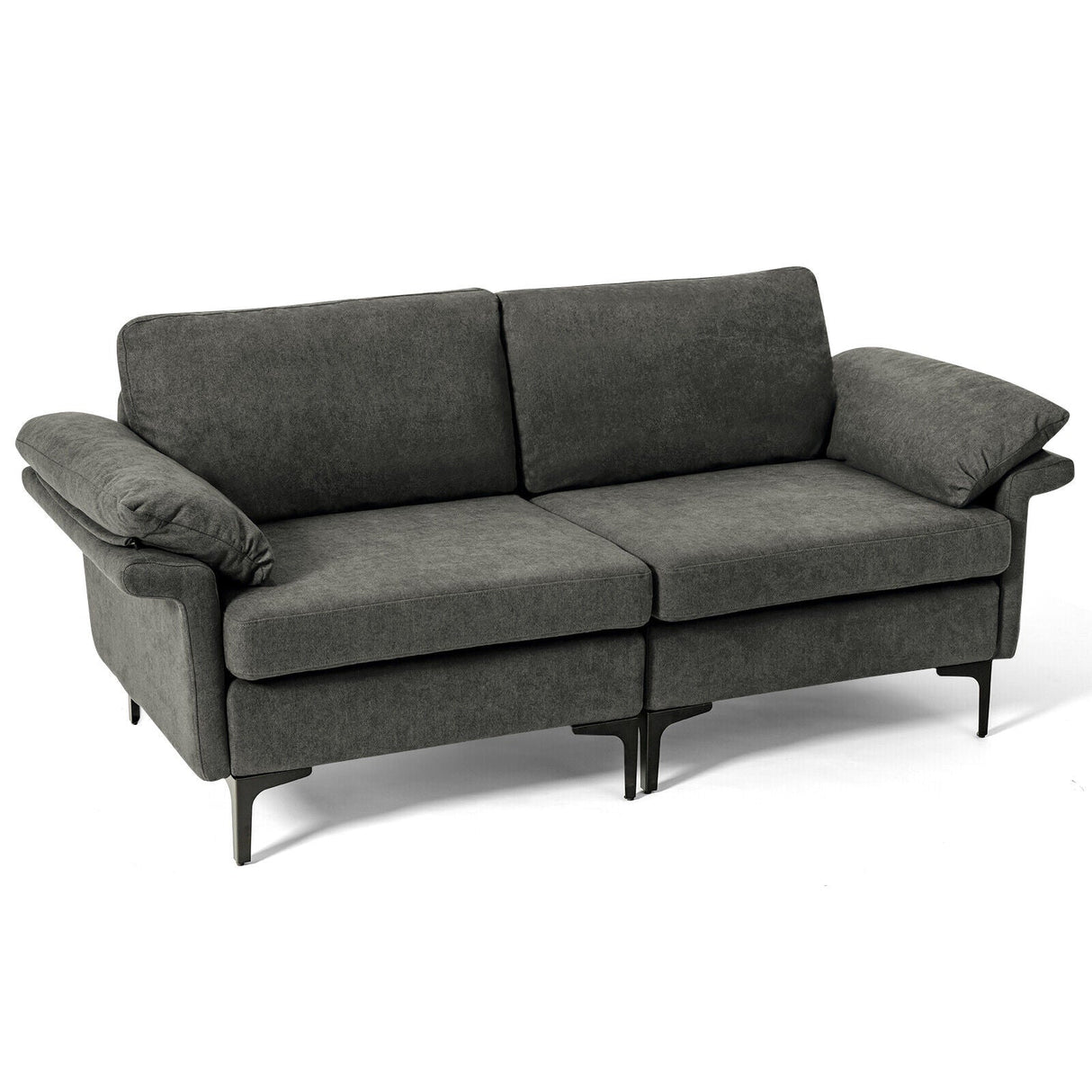 Sofá biplaza moderno de tela con patas de metal y almohadas en los reposabrazos