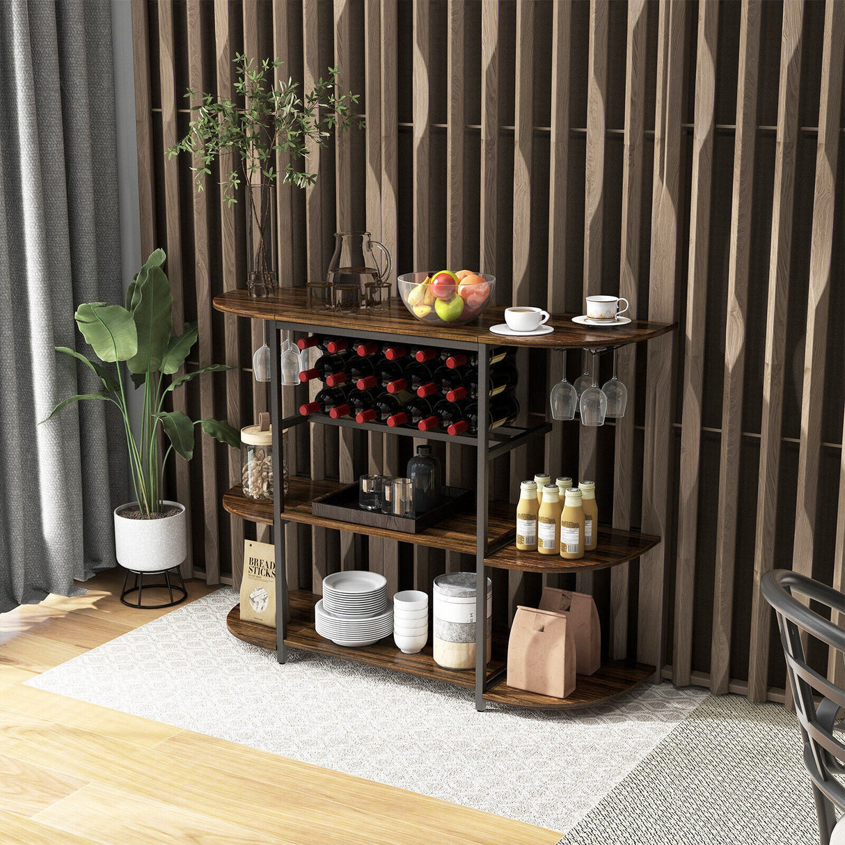 Estante para vinos de 47 pulgadas con portavasos y estantes de almacenamiento