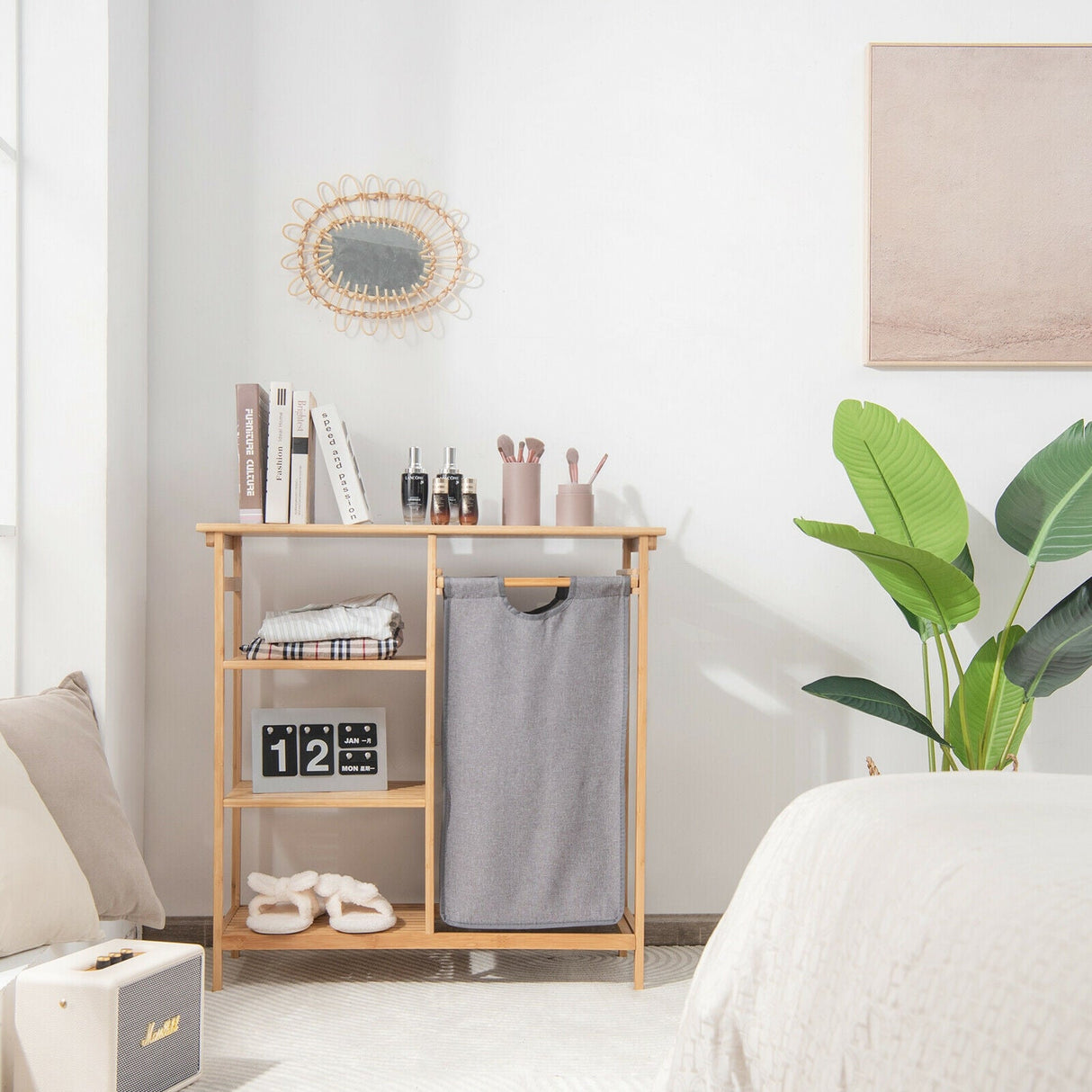 Soporte de bambú para cesto de ropa sucia con bolsa extraíble deslizante y estantes abiertos de 3 niveles