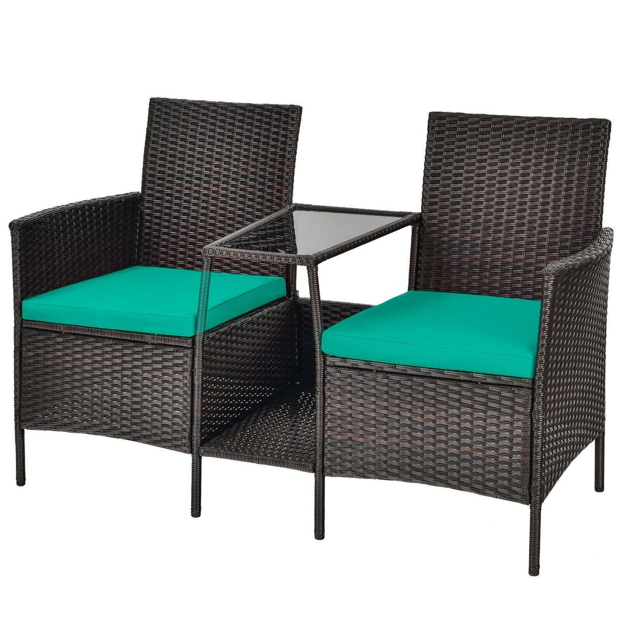 Sofá de mimbre de ratán para patio con cojines, sofá de dos plazas y mesa de vidrio