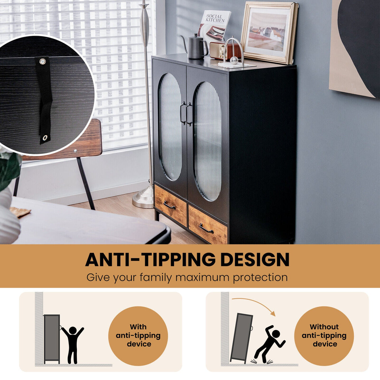 Aparador Industrial de Cocina con Puertas de Vidrio Templado - Negro