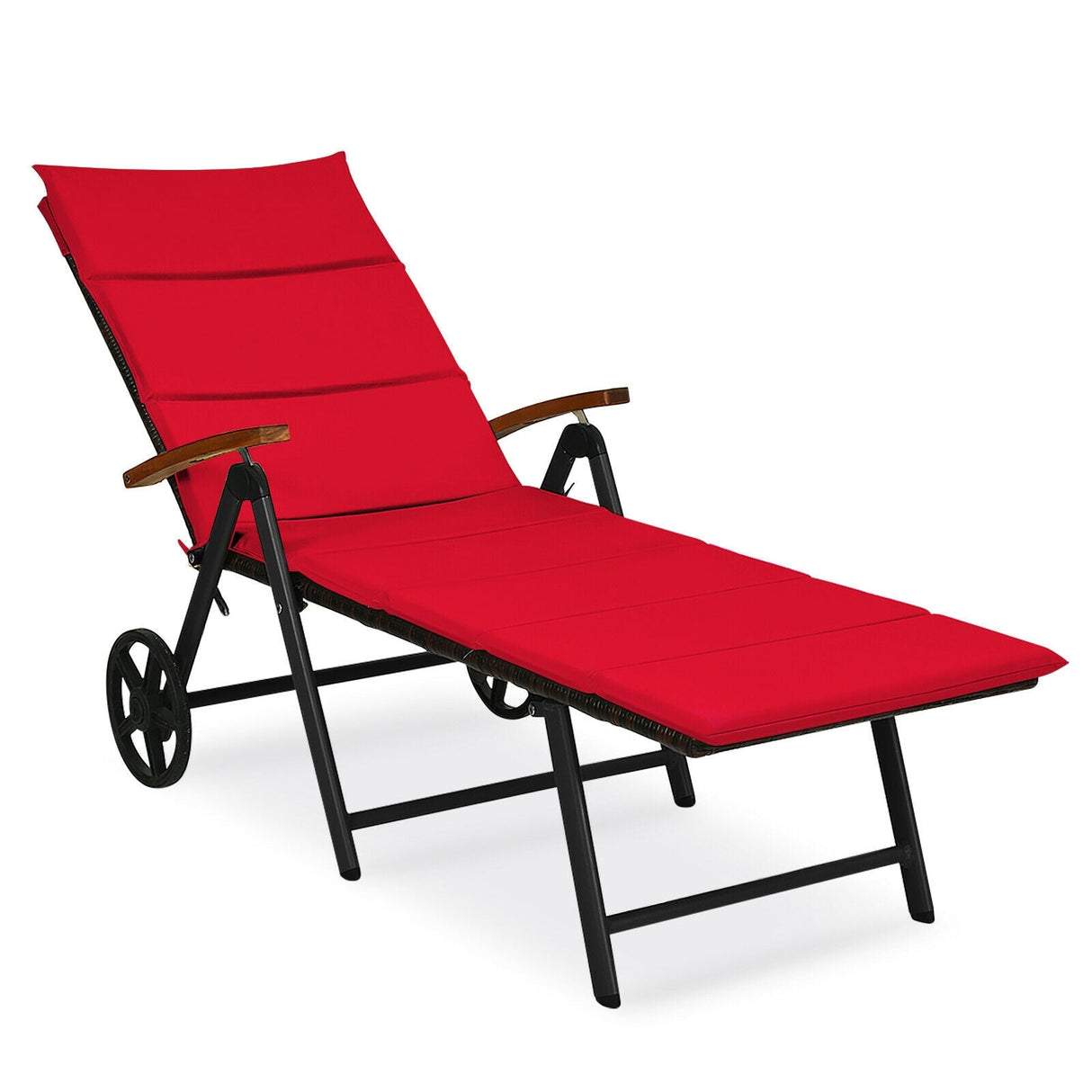 Tumbona plegable de mimbre para patio con ruedas - Roja