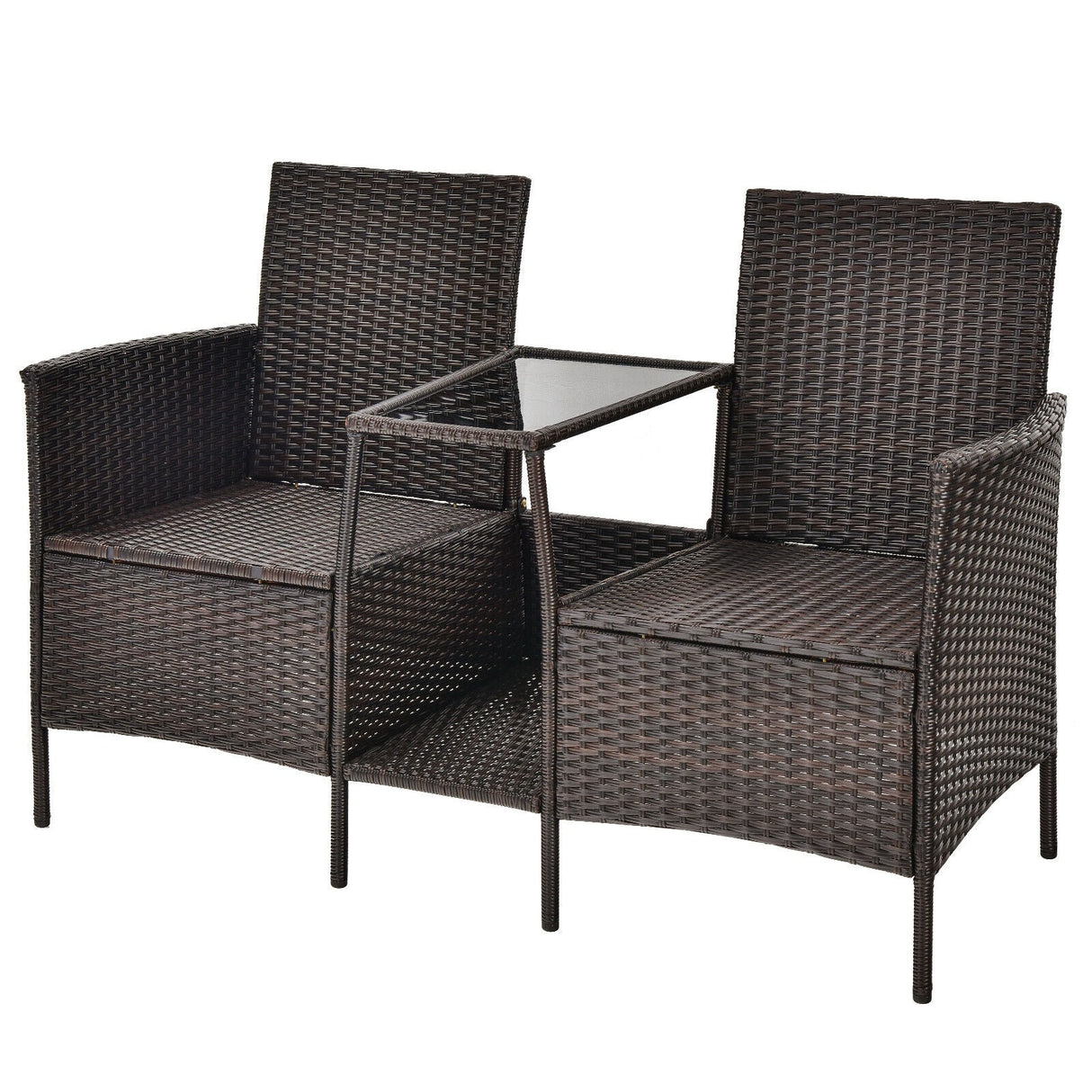 Sofá de mimbre de ratán para patio con cojines, sofá de dos plazas y mesa de vidrio