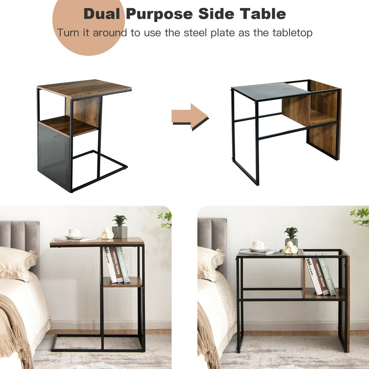 Mesa auxiliar reversible de 2 niveles en forma de C con estante de madera para sala de estar - Marrón