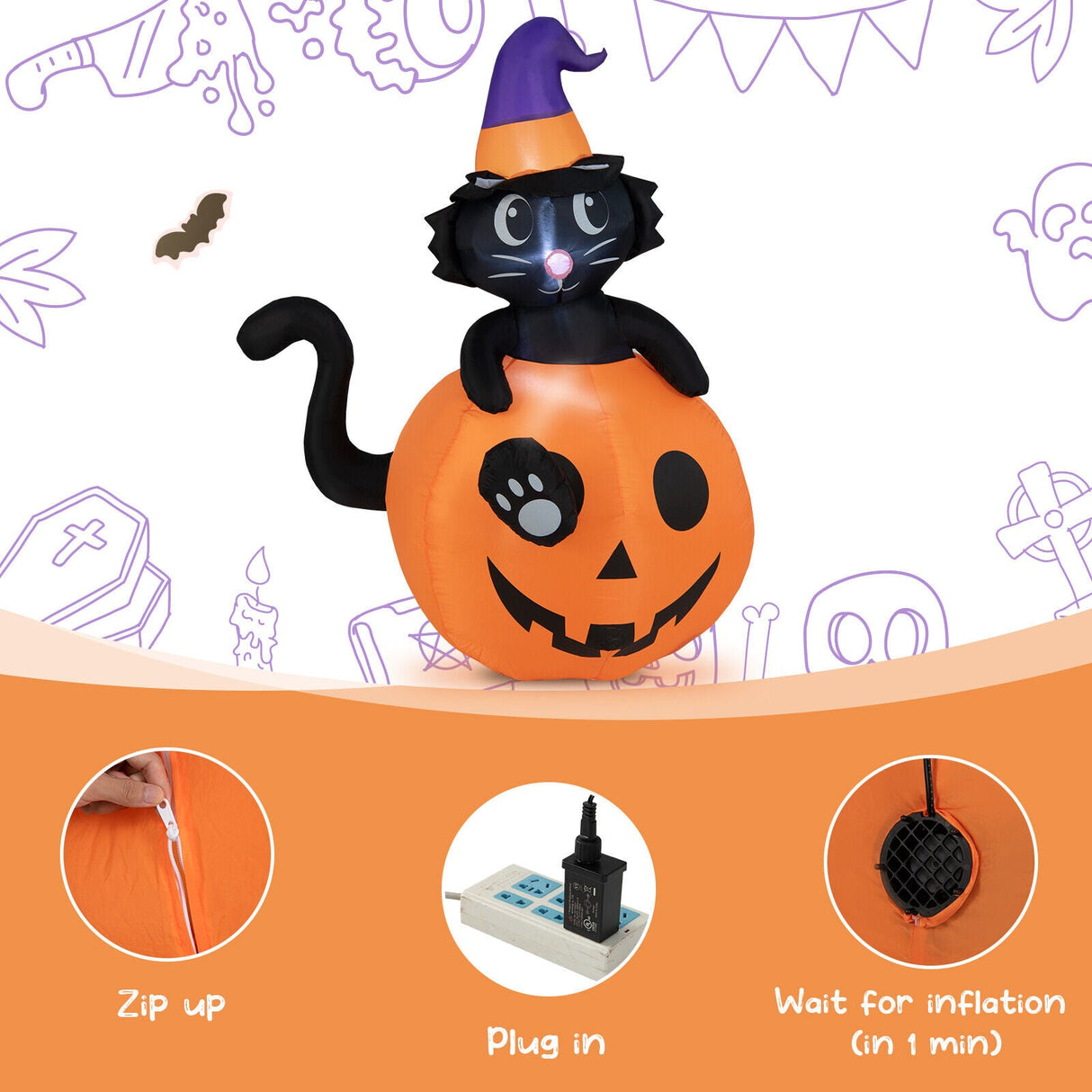 5 Feet Inflatable Halloween Pumpkin with Witch's Black Cat