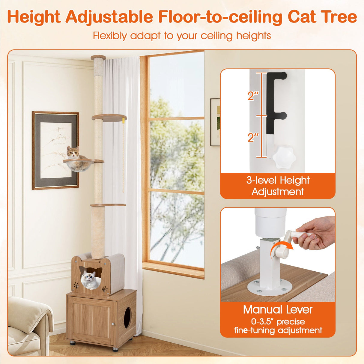 Rascador para gatos de 101 pulgadas de suelo a techo con altura ajustable y arenero oculto - Marrón