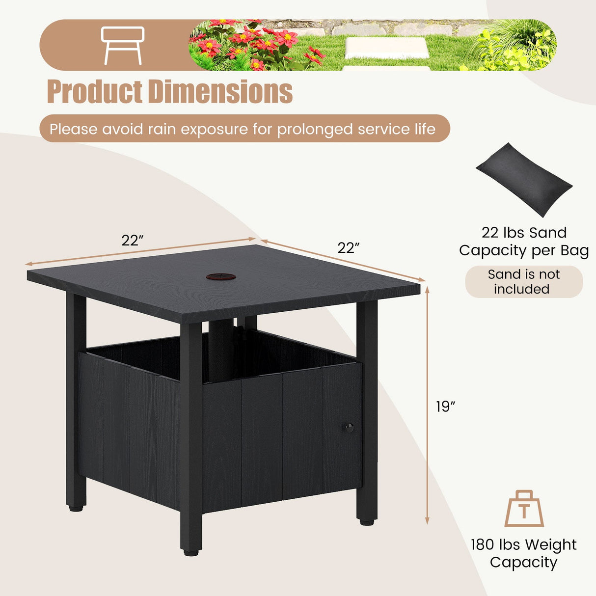 Mesa Auxiliar Exterior con Agujero para Sombrilla de 1.89" Soporte de Base para Sombrilla de Patio - Negro