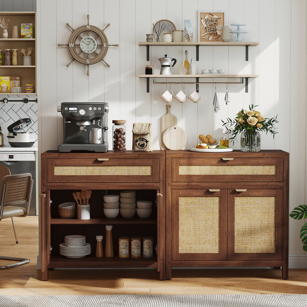 Mueble aparador con puertas de ratán y cajón - Marrón