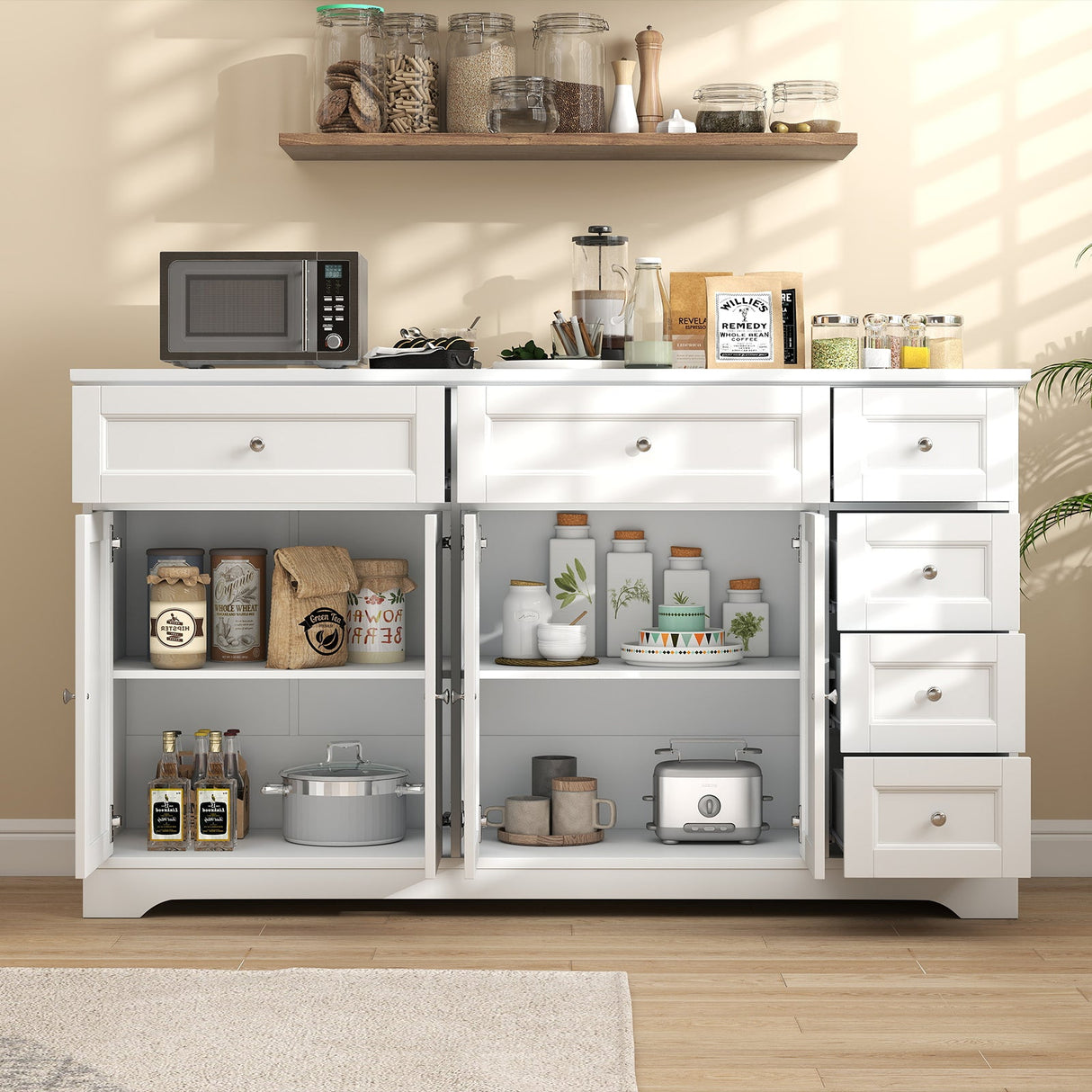 Aparador de bufé de 59" con barra de café moderna y mesa consola - Blanco