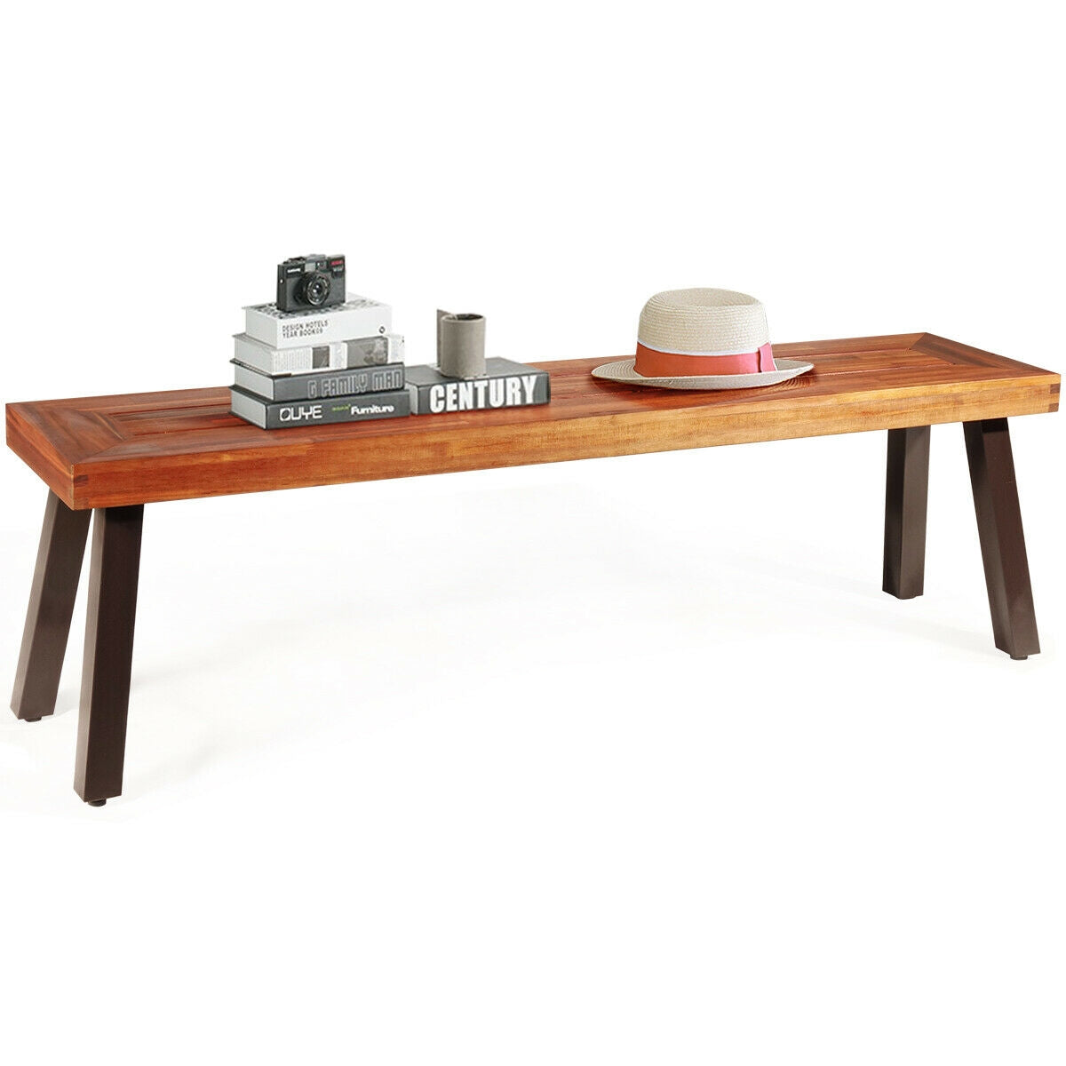 Banco de comedor de madera de acacia para patio con patas de acero
