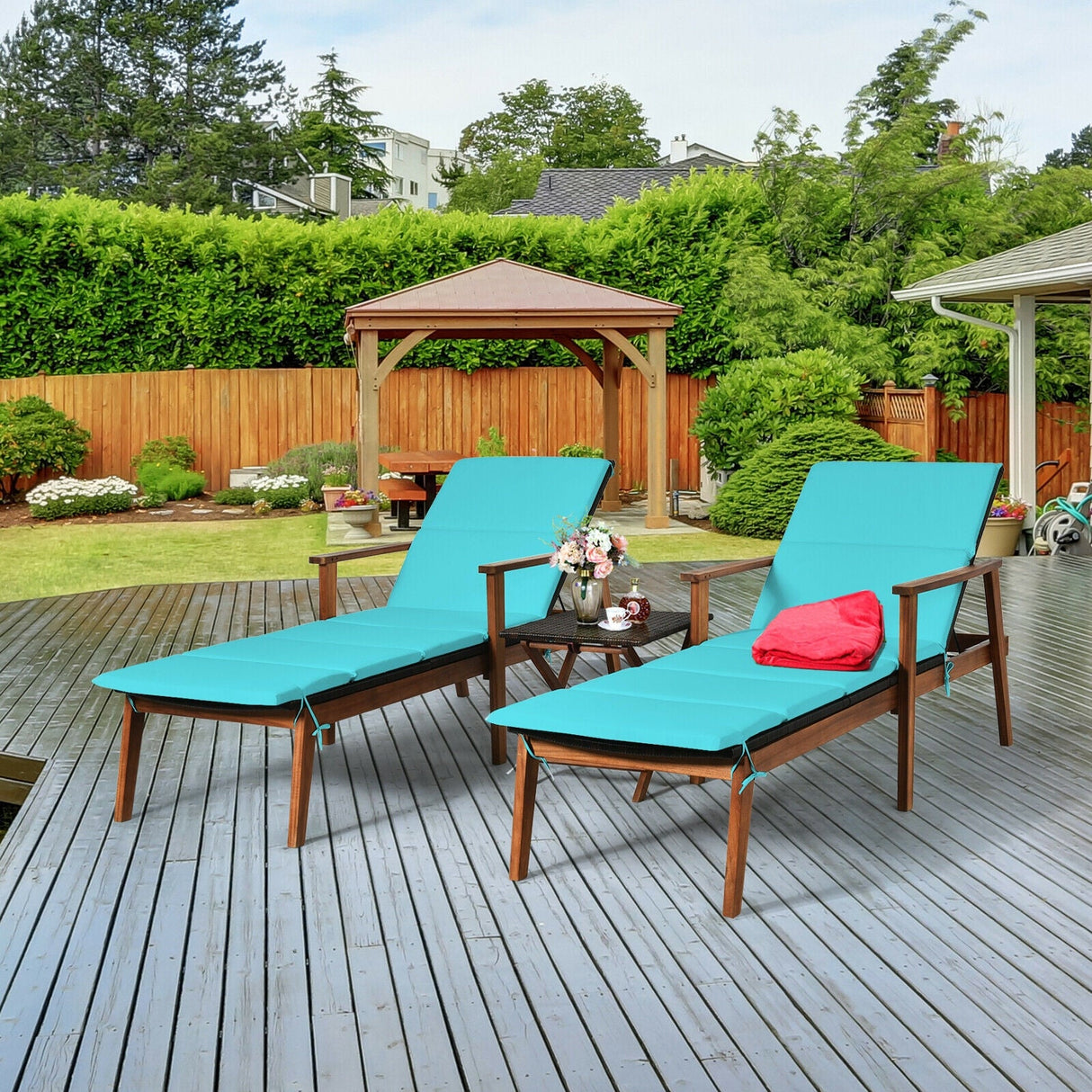 Juego de 3 Sillones Reclinables Portátiles de Ratán Acolchados para Patio con Mesa Plegable