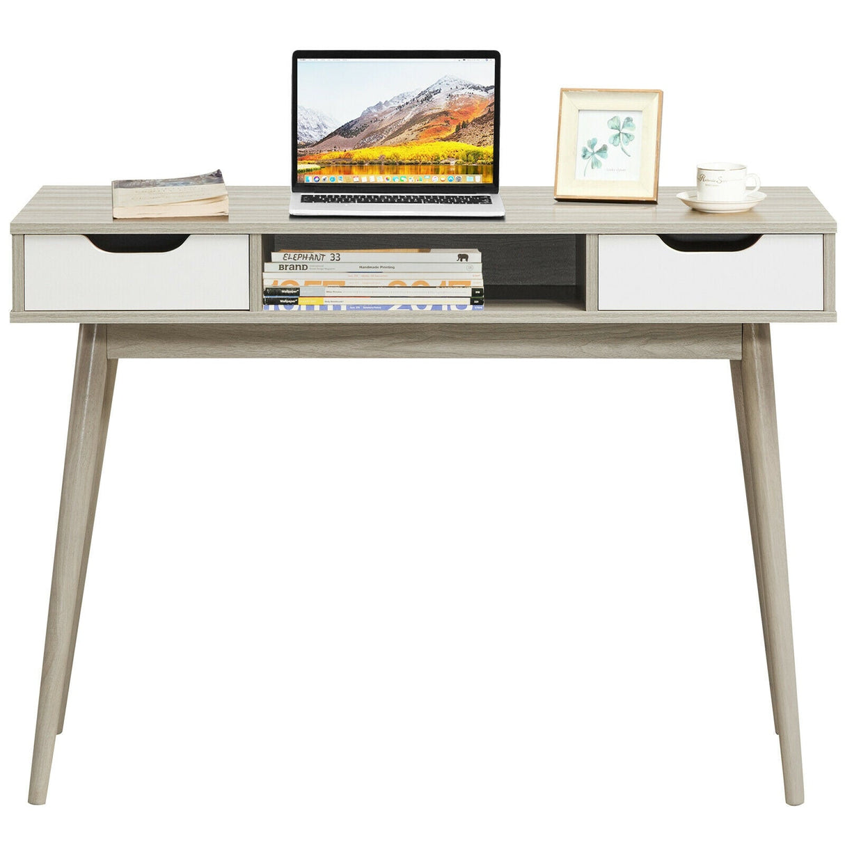 Escritorio de computadora elegante con 2 cajones y patas de madera maciza
