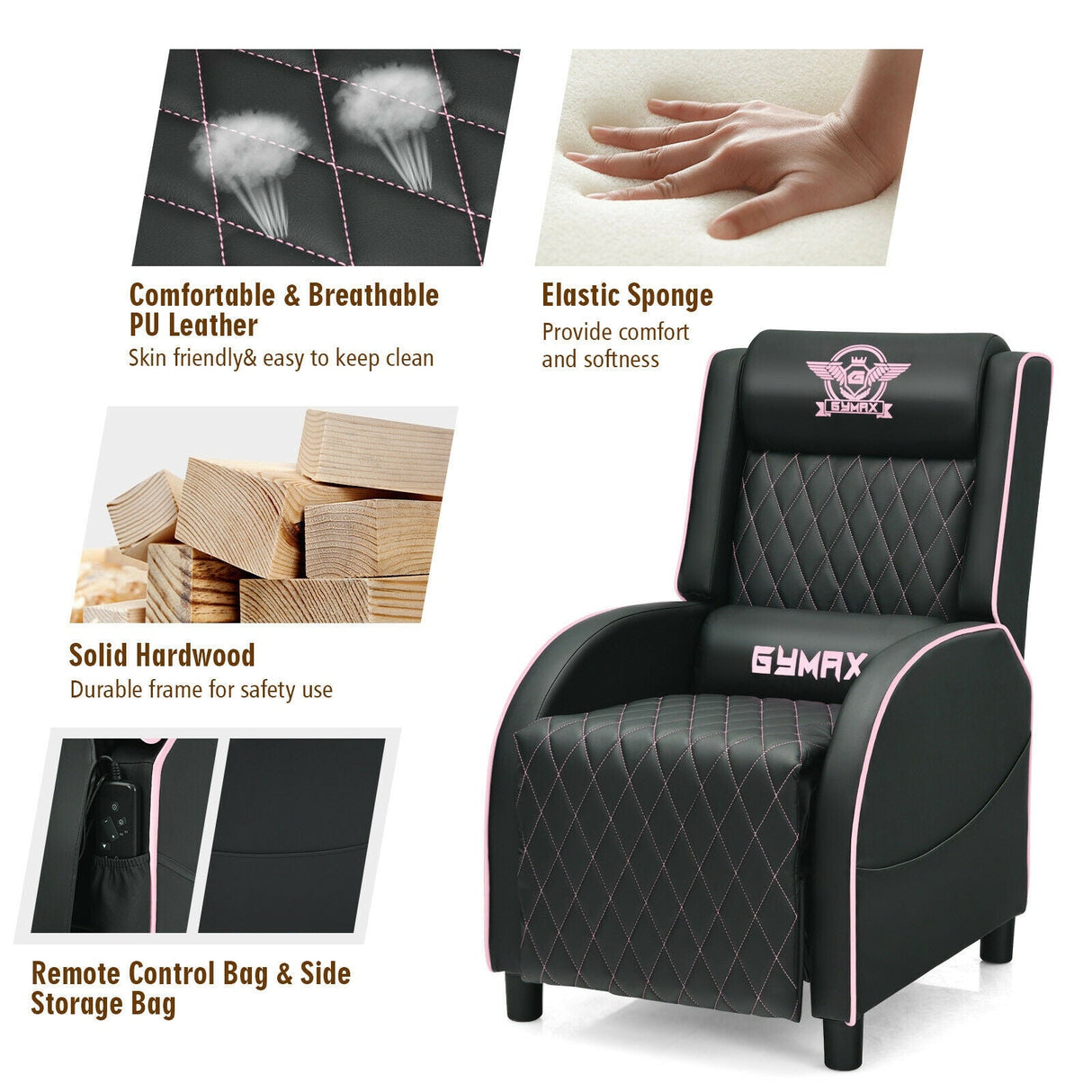 Sillón reclinable de masaje para juegos con reposacabezas y respaldo ajustable para cine en casa