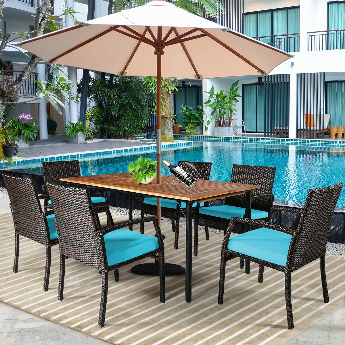 Juego de comedor de ratán acolchado de 7 piezas para patio con agujero para sombrilla