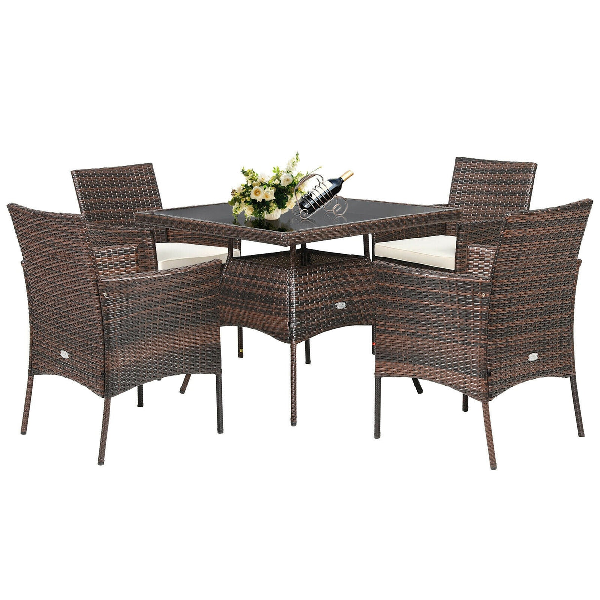 Juego de muebles de comedor de ratán para patio de 5 piezas con sillones y mesa con superficie de madera