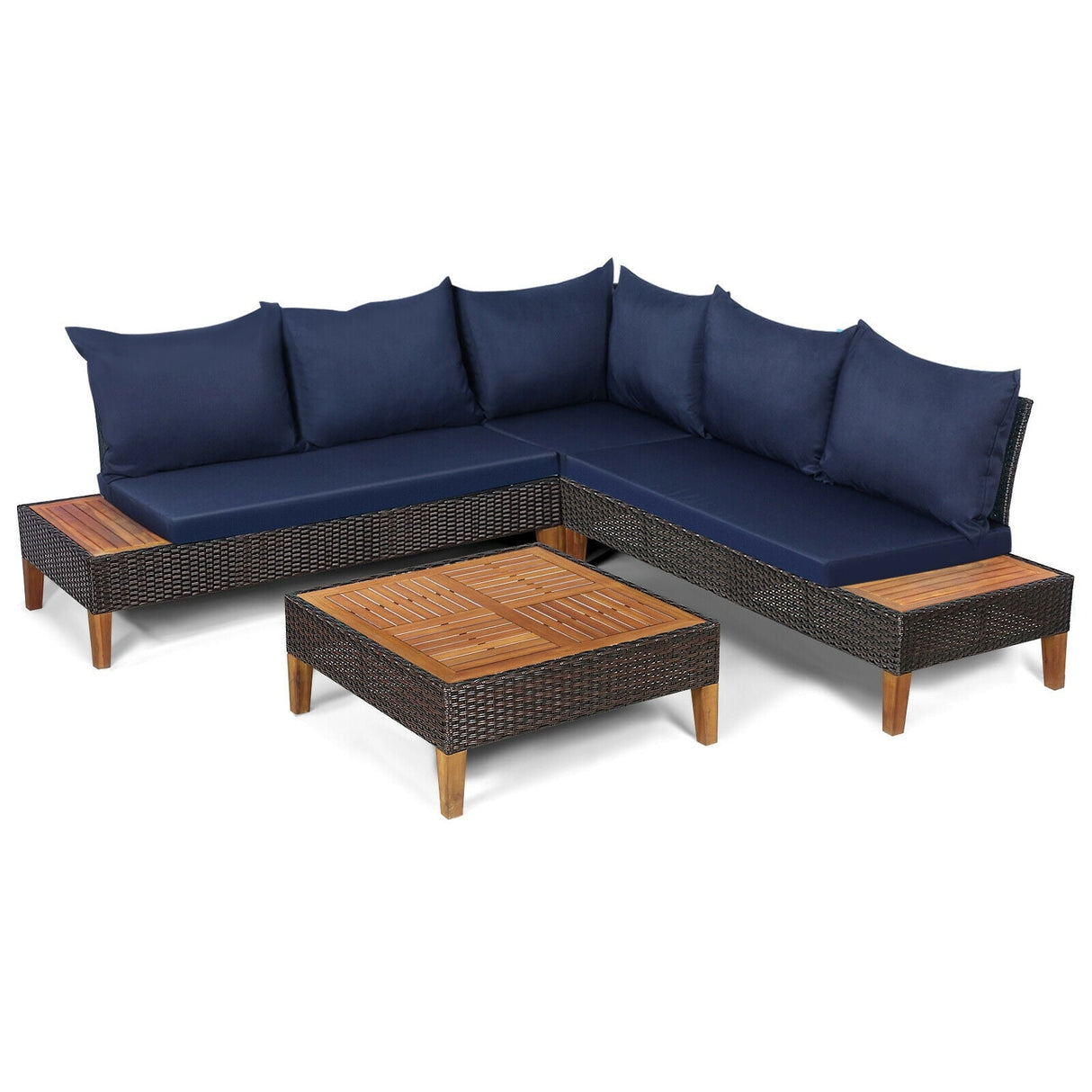 Juego de muebles de ratán acolchados para patio de 4 piezas con mesa auxiliar de madera