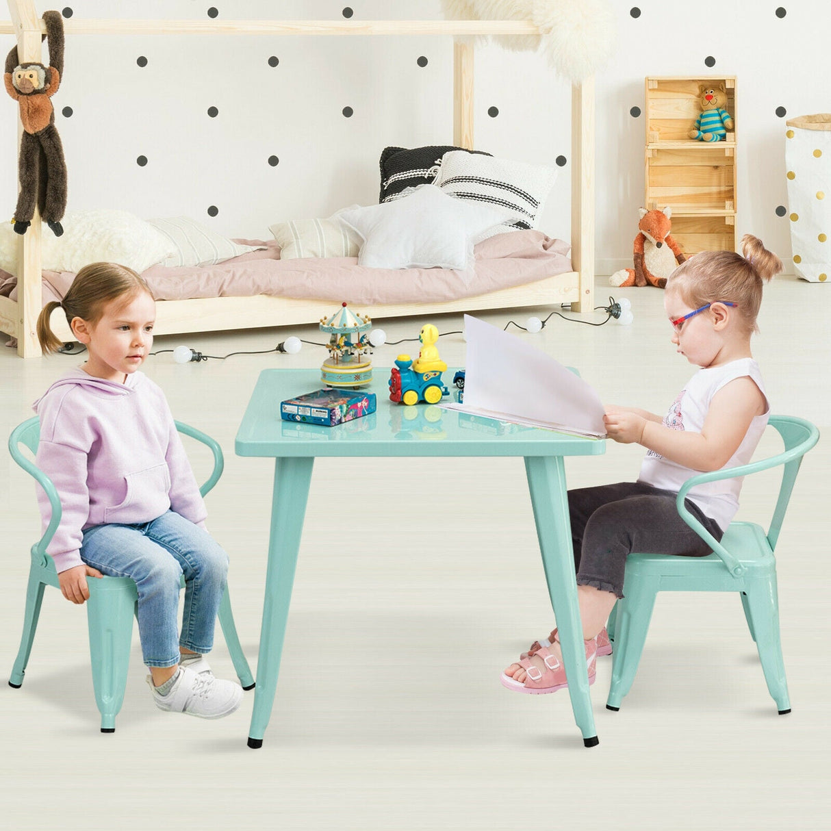 Juego de 2 sillas apilables de acero para niños-Verde