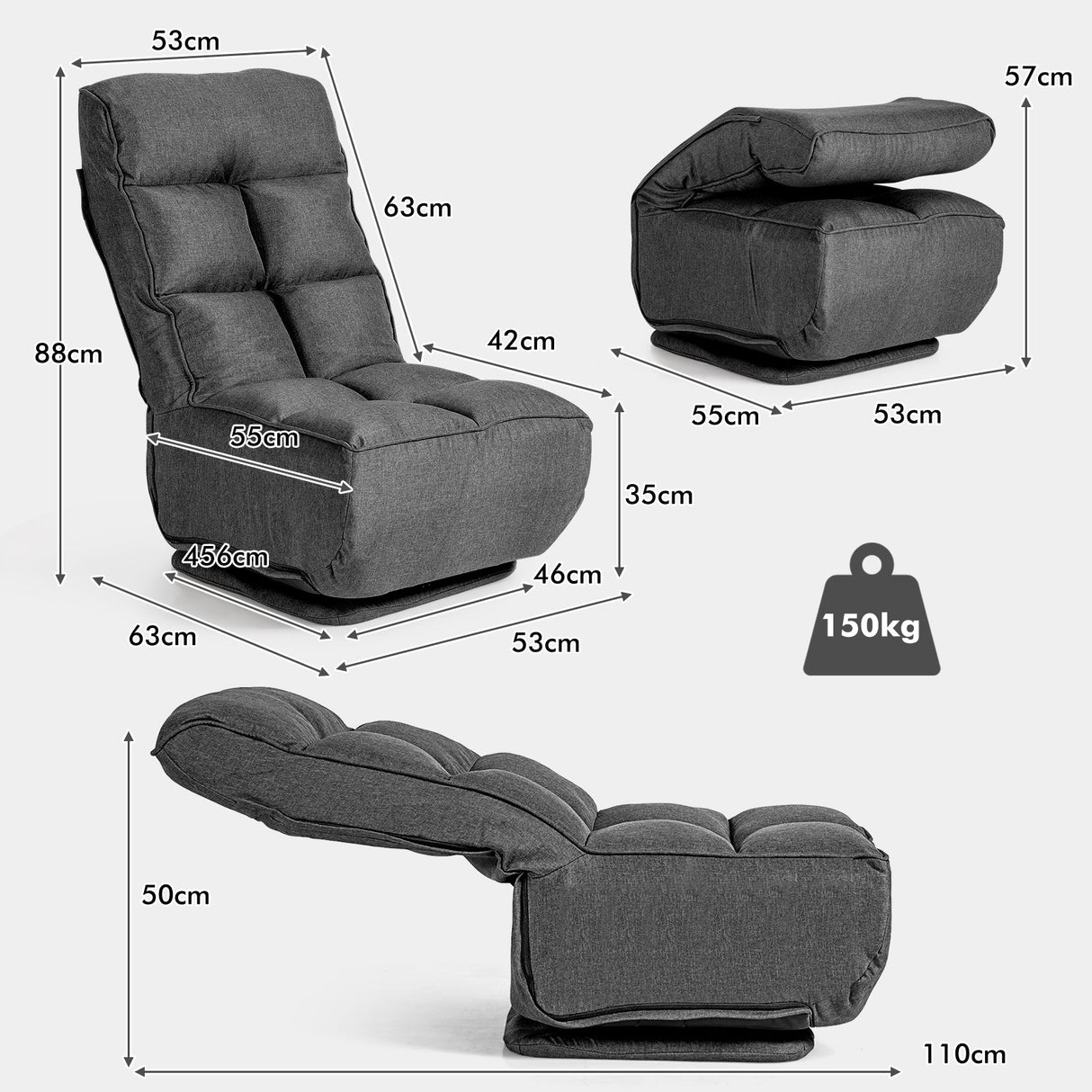 360-Degree Swivel Folding Floor Chair with 6 Adjustable Positions