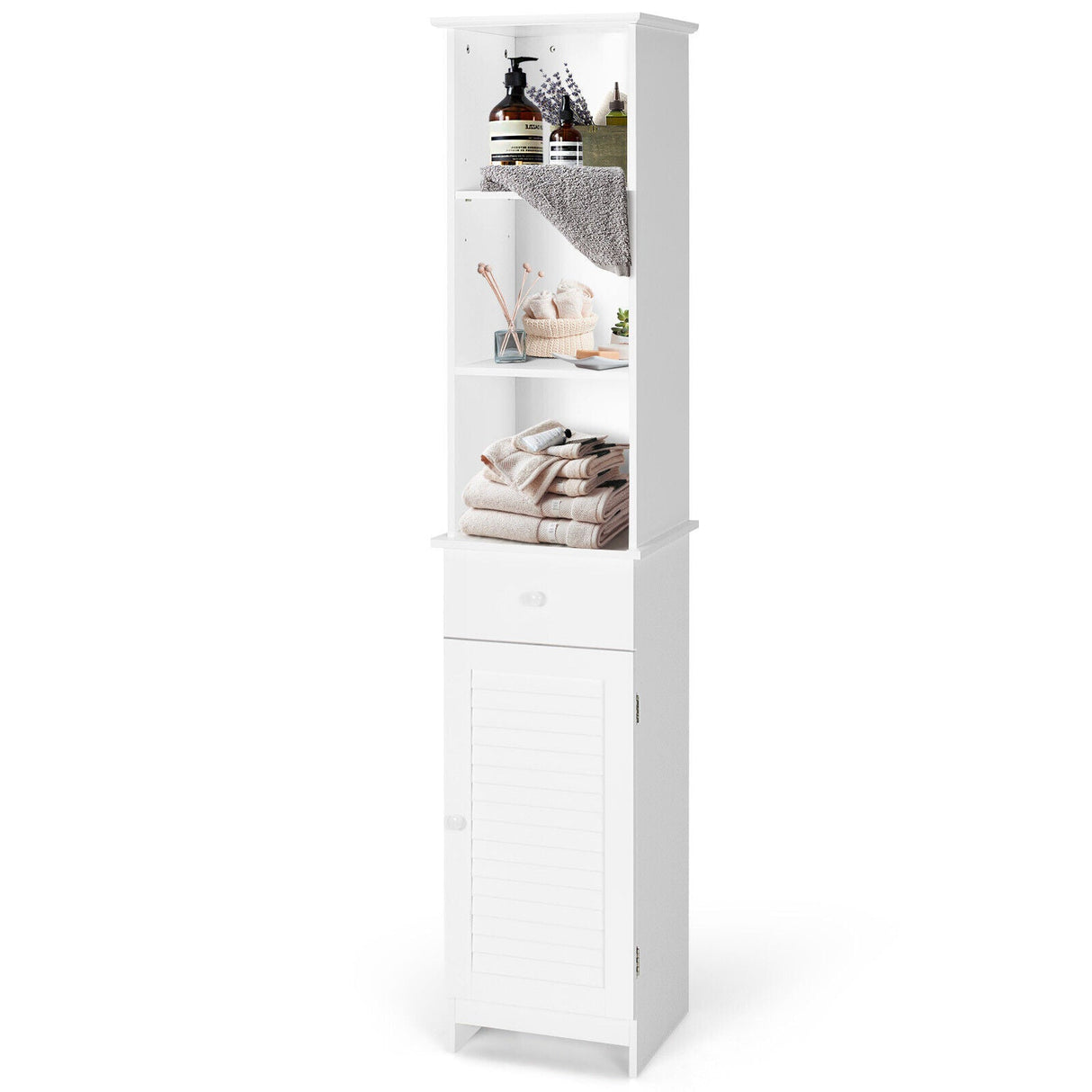 Mueble de Almacenamiento Alto de Baño Independiente con Estantes Abiertos y Cajón - Blanco