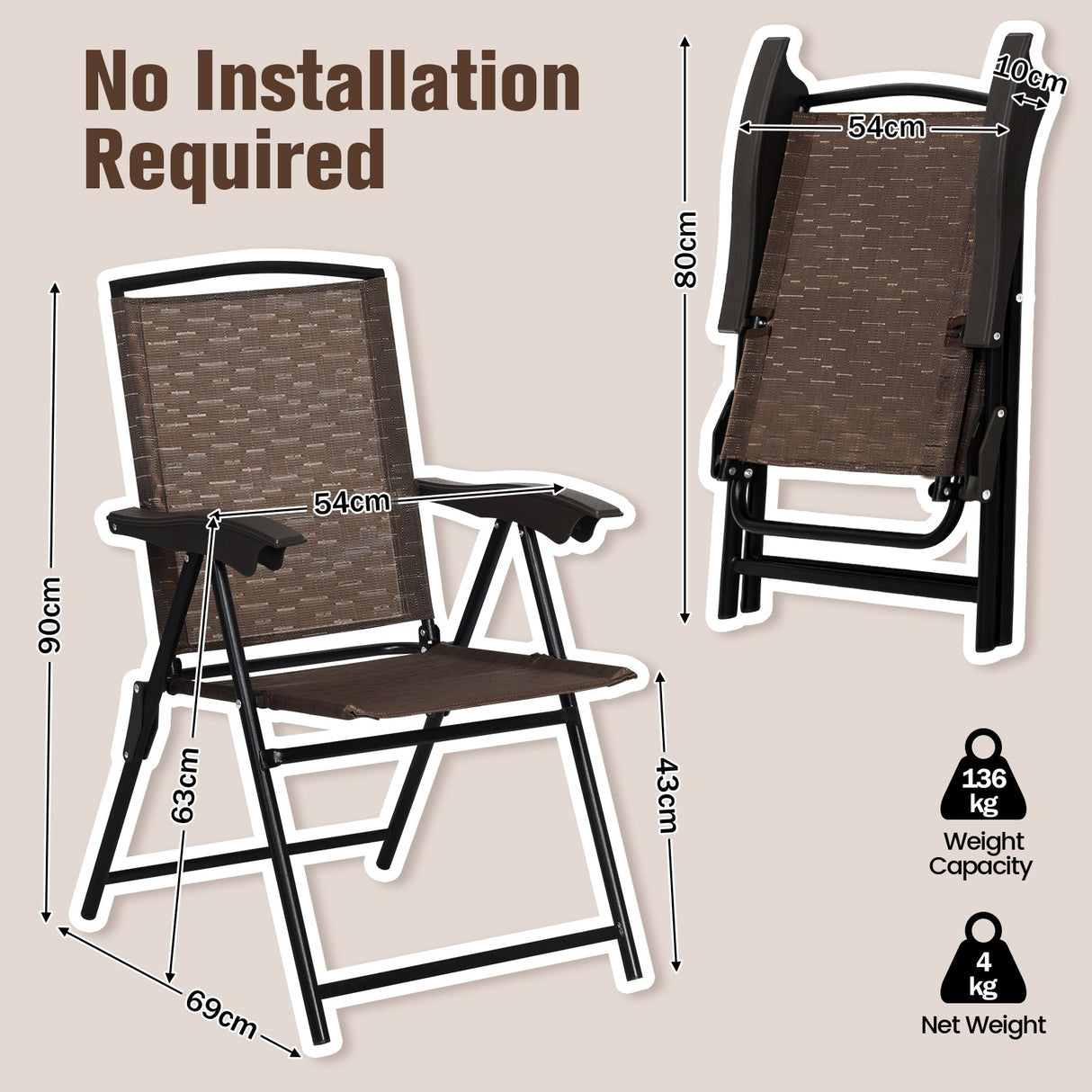 Sillas de Comedor Plegables de 4 Piezas con Reposabrazos Lisos y Respaldo de Textilene