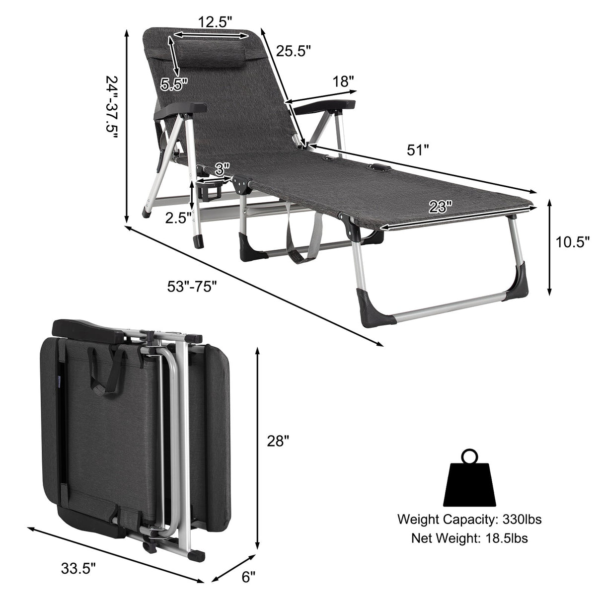 Tumbona Plegable de Playa con 7 Posiciones Ajustables