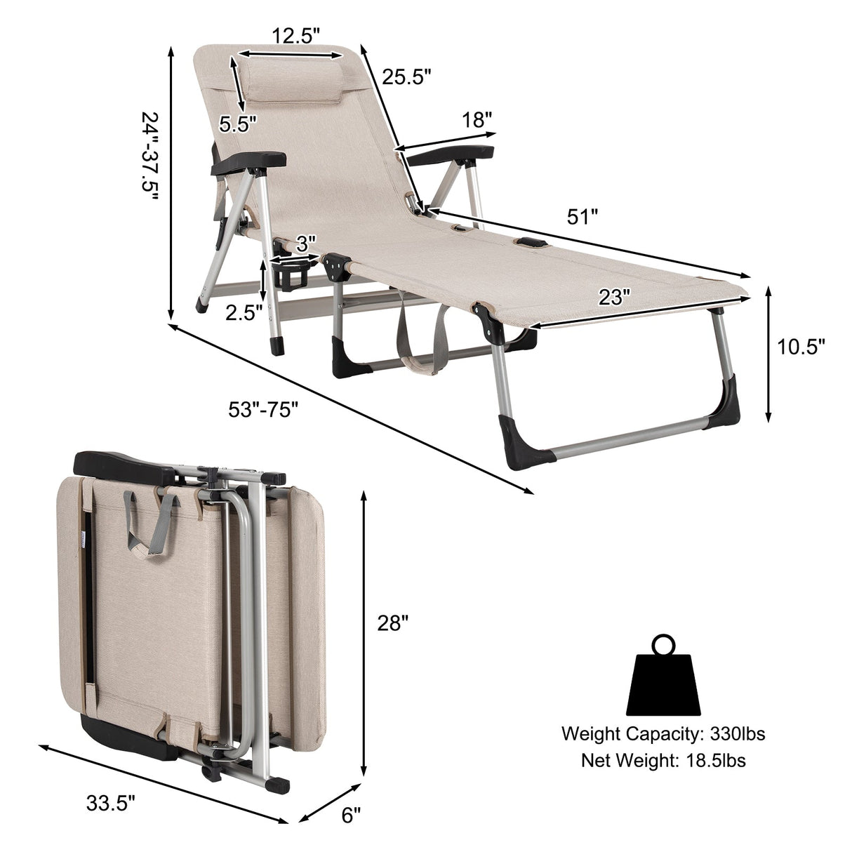 Tumbona Plegable de Playa con 7 Posiciones Ajustables